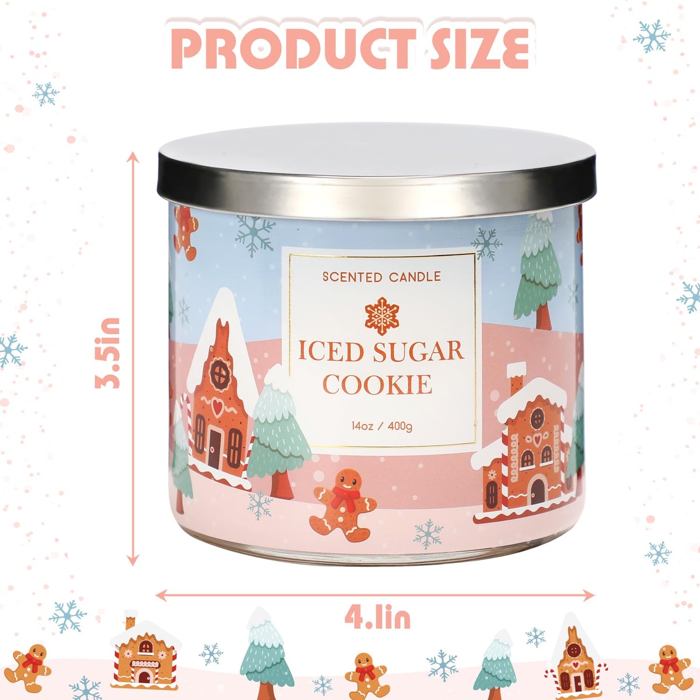 Christmas Scented Candles, Sugar Cookie & Vanilla Scented, Large 3 Wicks Candle, 14 oz, Christmas Candle Gift