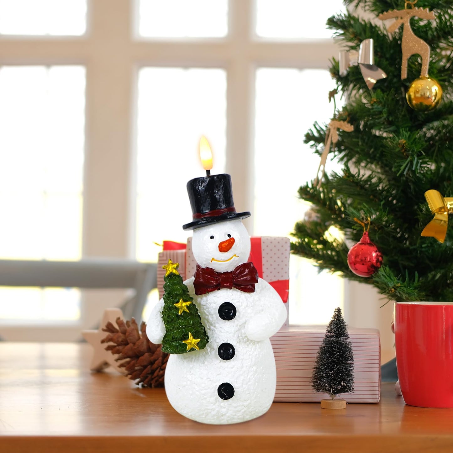 Eldnacele Christmas Snowman Flameless Candles with 6H Timer Hand-Carved Battery Operated Christmas Tree Snowman Candle 3D Wick Flickering Real Wax LED Pillar Candle Dinner Indoor Holiday Decorations