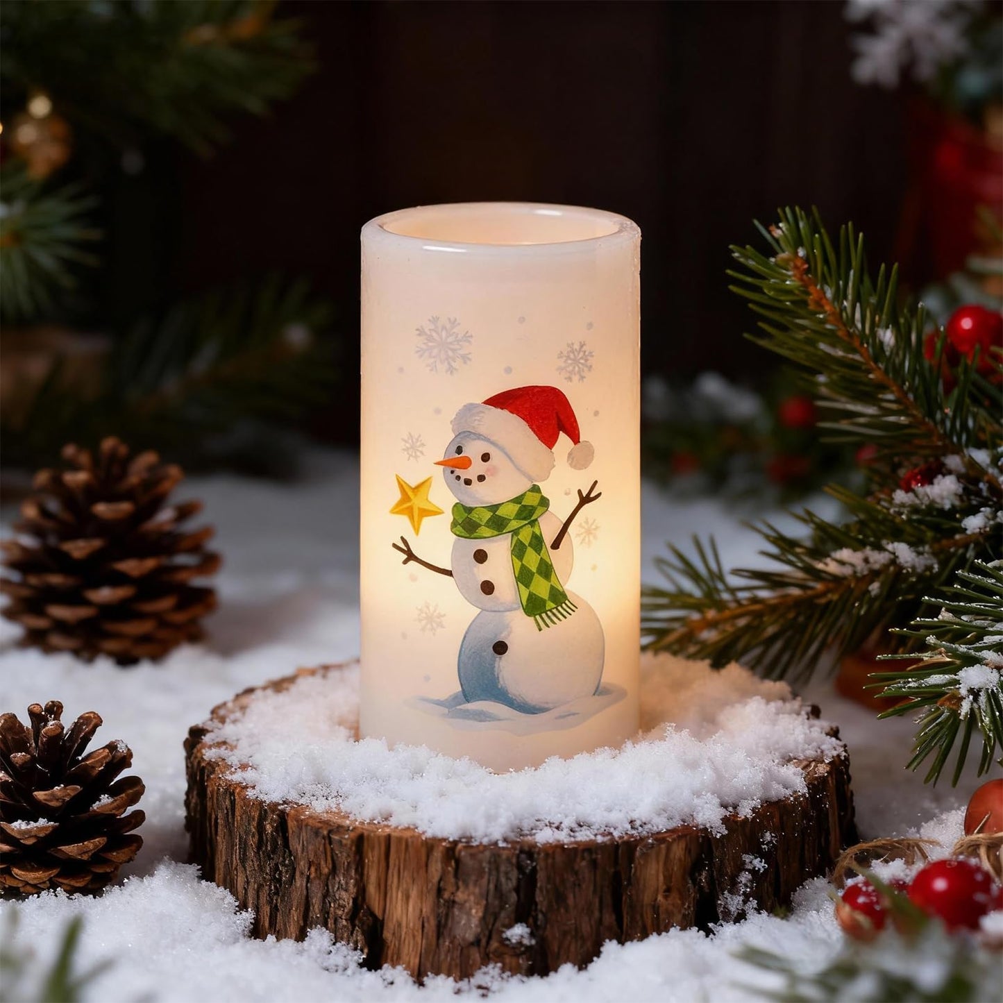 Eldnacele Christmas Snowman Flameless Candles Battery Operated with Remote and Timer Real Wax Flickering LED Pillar Candles Xmas Holiday Indoor Decor(2 Pack, 3" D x 6" H)