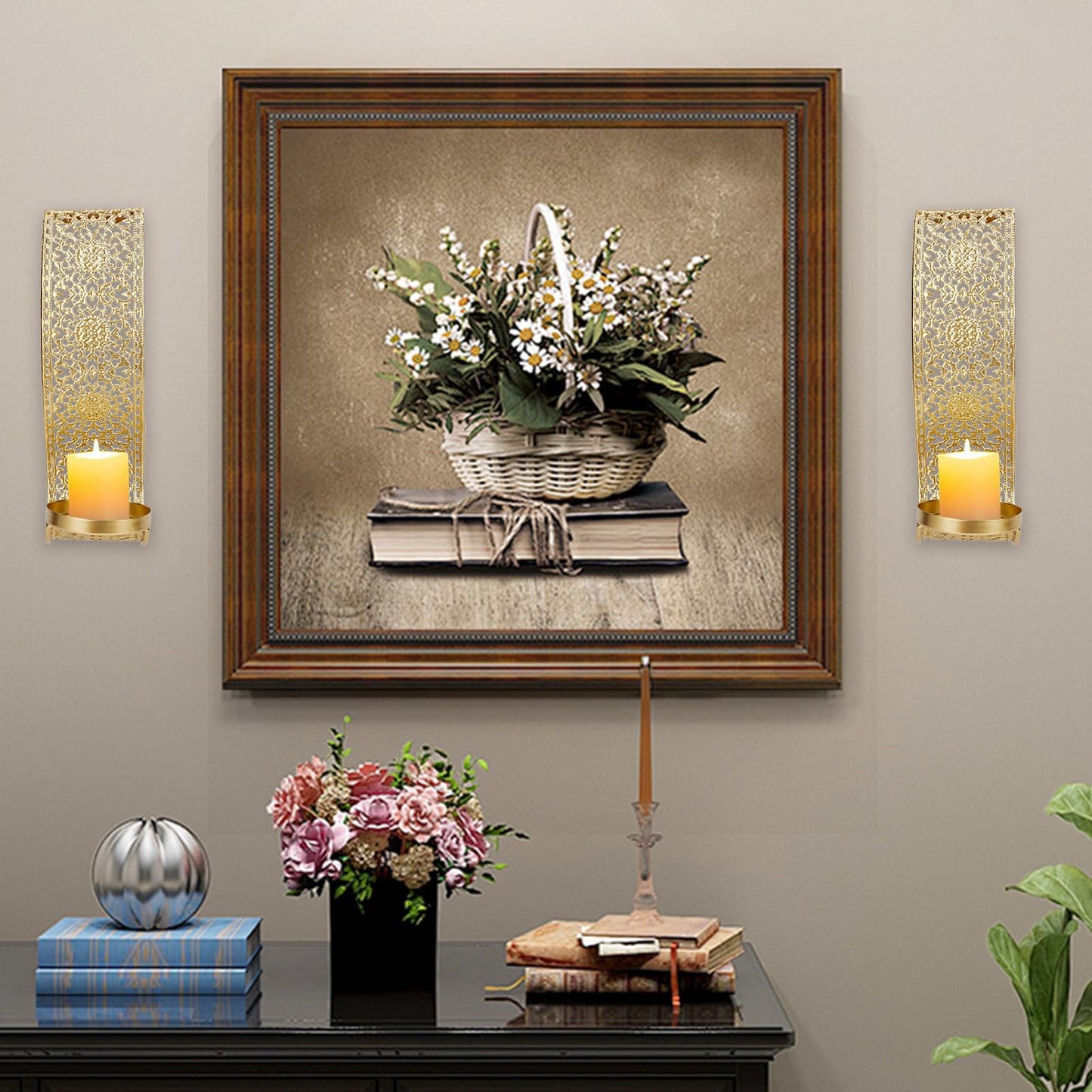NICENEEDED Wall Candle Sconce Set of 2, Metal Wall Mounted Candle Holder for Home, Gold Sconces Wall Art Decorations for Living Room Bathroom Dining Room