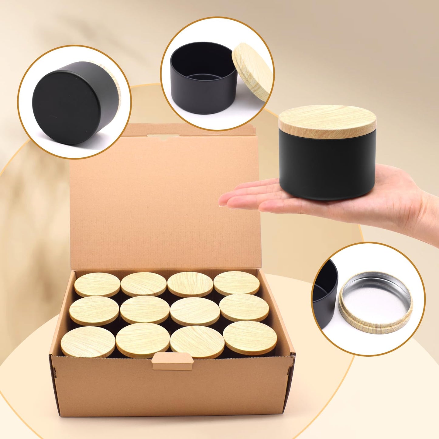 YJHSS 24-Pack 8oz Candle Tins with Wood-Grain Printing Lids, Metal Candle Jars for Candle Making, Empty Containers Vessels Bulk for Small Business & Beginners DIY Storage -Wood Black