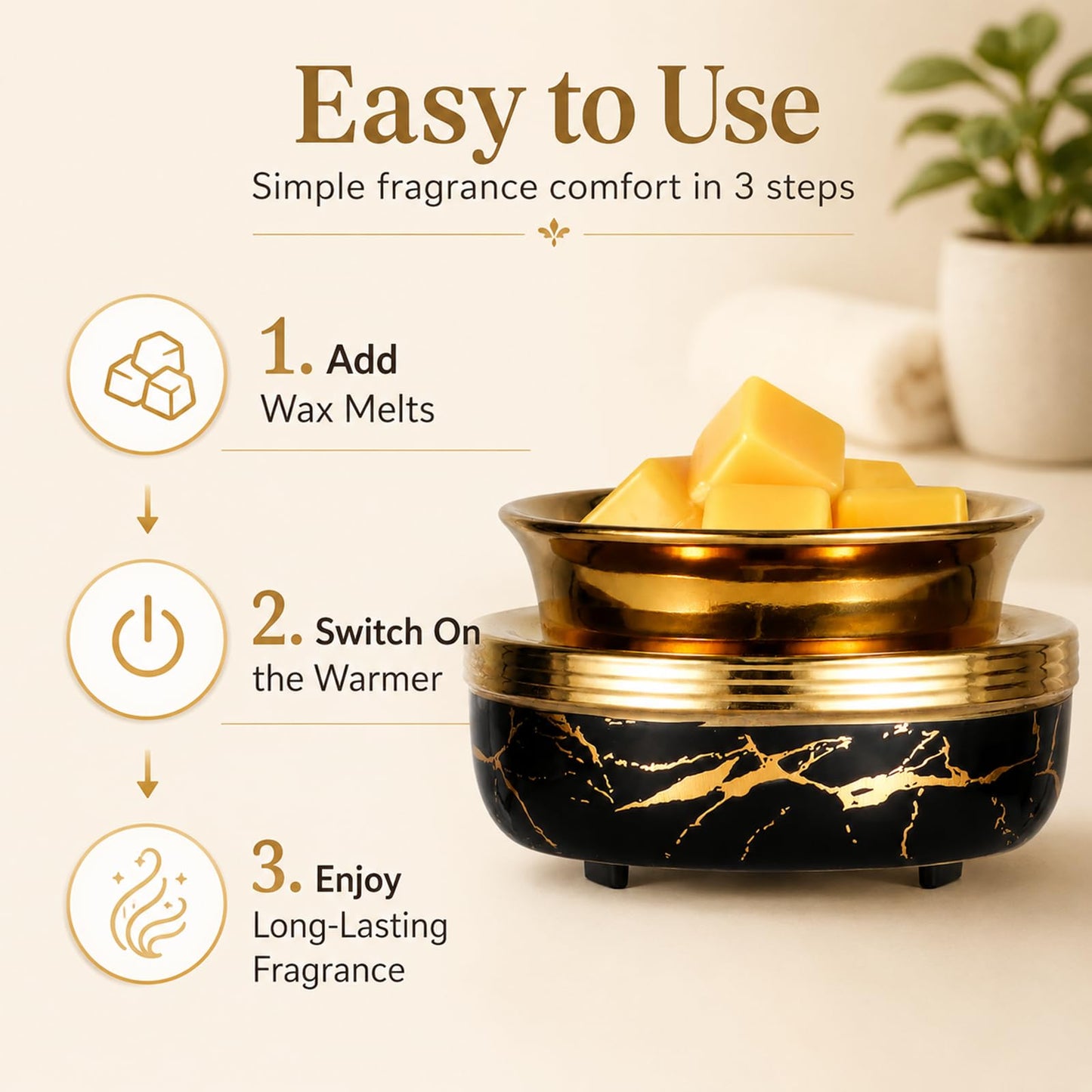 Mocosa Ceramic Wax Melt Warmer 3-in-1 Candle Warmer Electric Wax Warmer for Scented Wax Melter Burner for Home,Office, for Mom Women（Black Gold）