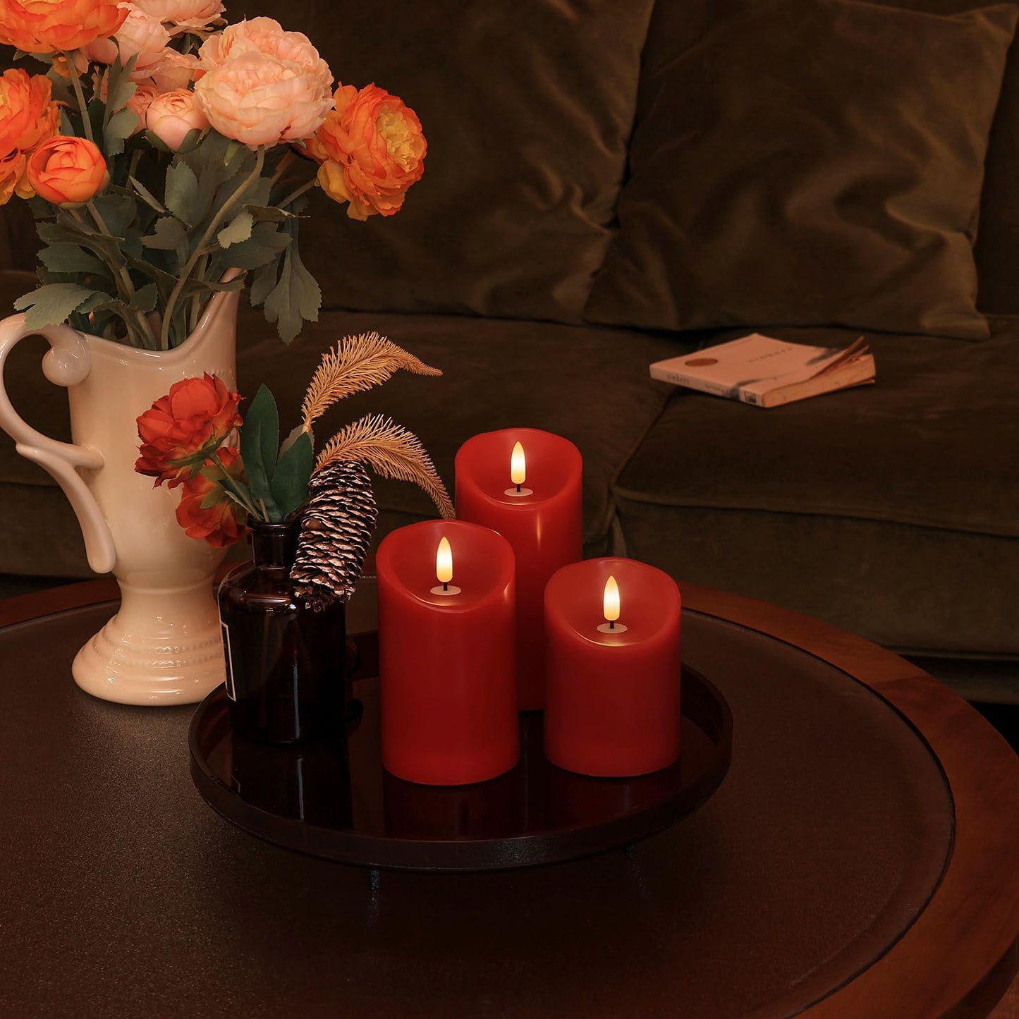Battery Operated Candles, Real Wax Red LED Candle Flickering Flameless Candles with Remote, 3D Wick Fake Candles for Christmas, Thanksgiving, Home Decor, Party, Gifts, Set of 3, D3"x H4"/5"/6"