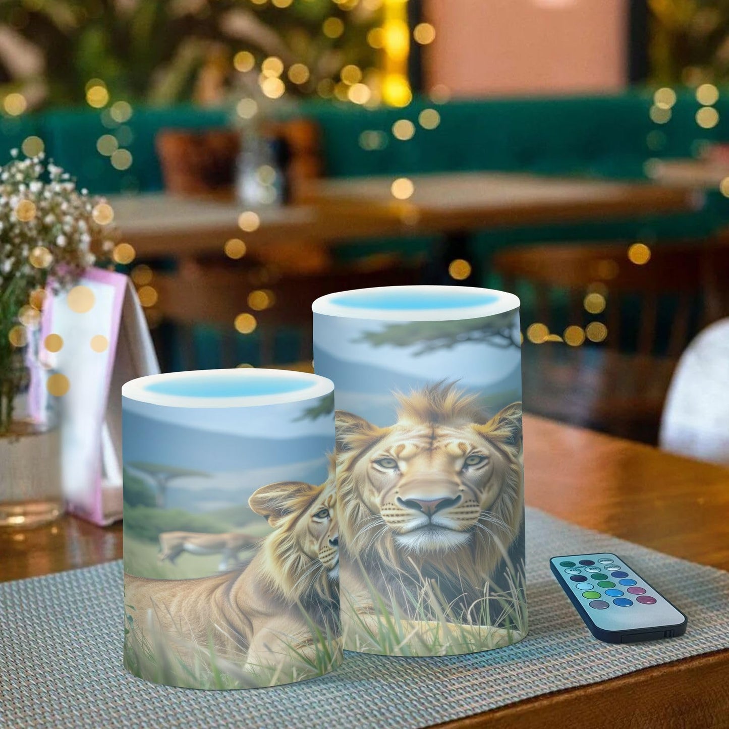 ALAZA Lion Leopard Animal Tree Flickering Flameless Candles Pillar Led Candles Battery Operated Candles with Remote and Timers Set of 2