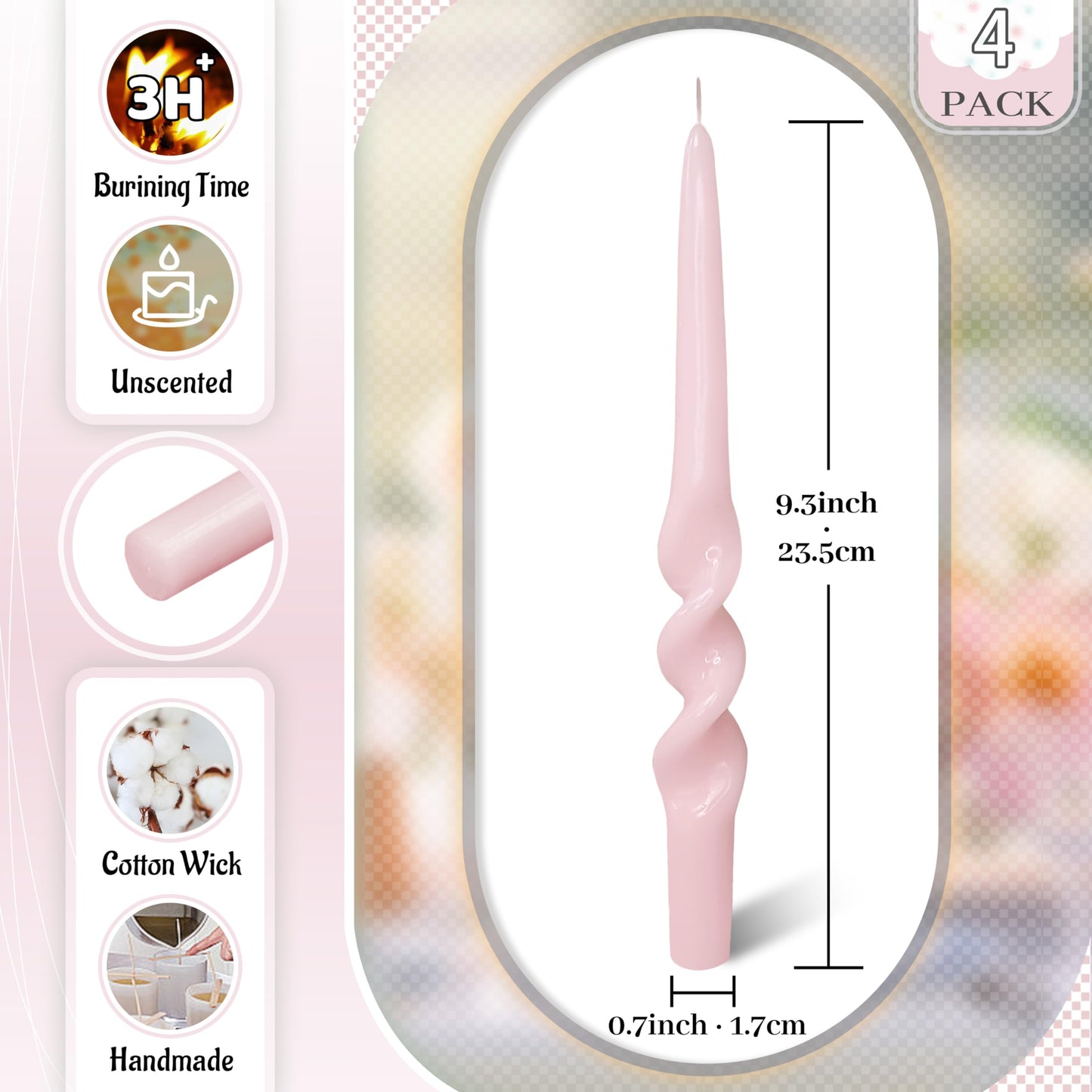 FLAMMUL Spiral Tapered Candles Gradient Pink Twisted Candlesticks 9.5 Inch Unscented Spiral Candle Sticks Smokeless Dinner Candlesticks for Party Home Decor 4 PCS