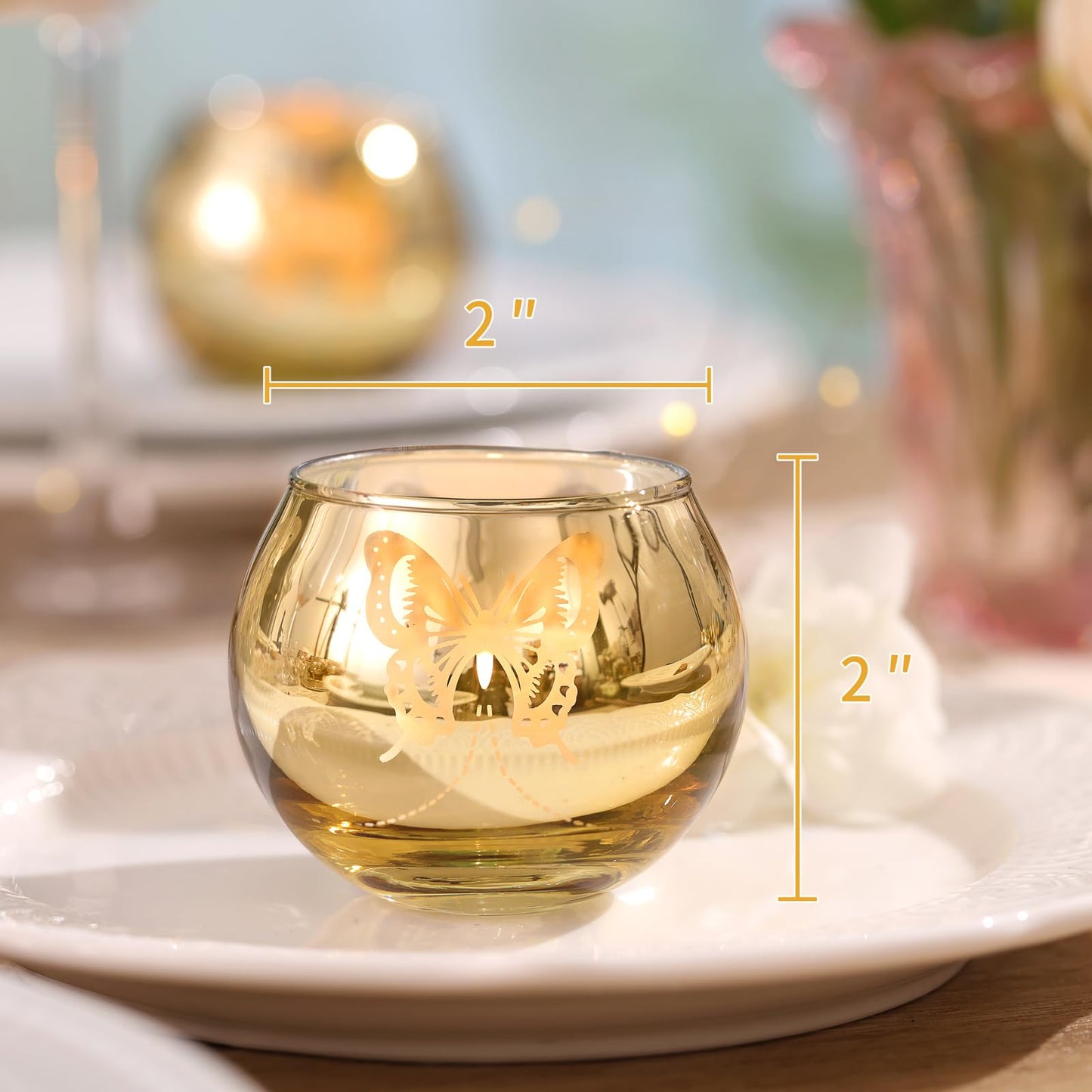 Gold Votive Candle Holders Set, 12 PCS Tea Lights Candle Holder Decorative Bulk with Butterfly Pattern, Candle Holders for Wedding, Birthday, Anniversary, Parties, and Holiday Decorations