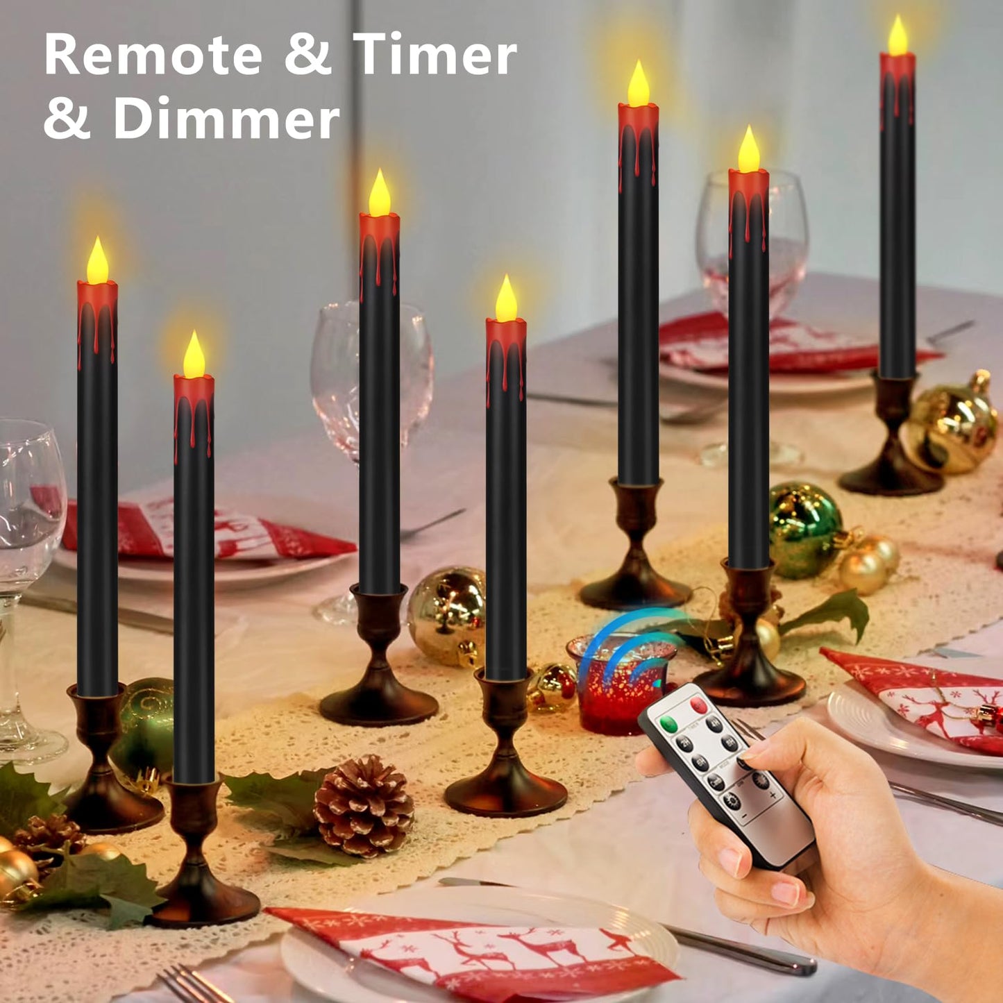 wemarry Flameless Taper Candles 10.6" Dripless Battery Operated Taper Candles Included Remote Timer 400+ Hours by 2AA Batteries for Halloween Christmas Wedding (Black+Burgundy, 6 Pack)