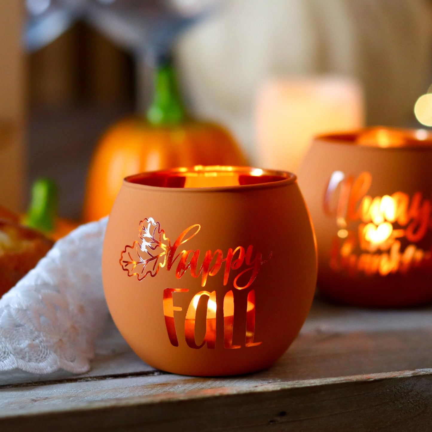 WDHODEC Thanksgiving Candle Holders 6 Pieces Orange Pumpkin Glass Votive Candle Holder for Fall Wedding, Party, Table Centerpiece Décor Thanksgiving Decorations Indoor and Outdoor