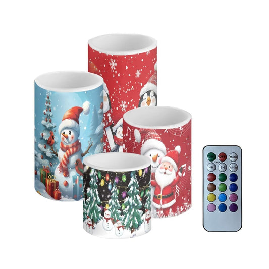 NETILGEN Christmas Day Decorative Flameless LED Candles Set of 4 Electric Candles with Remote Timer Control Color Changing, Santa Claus Snowman Print