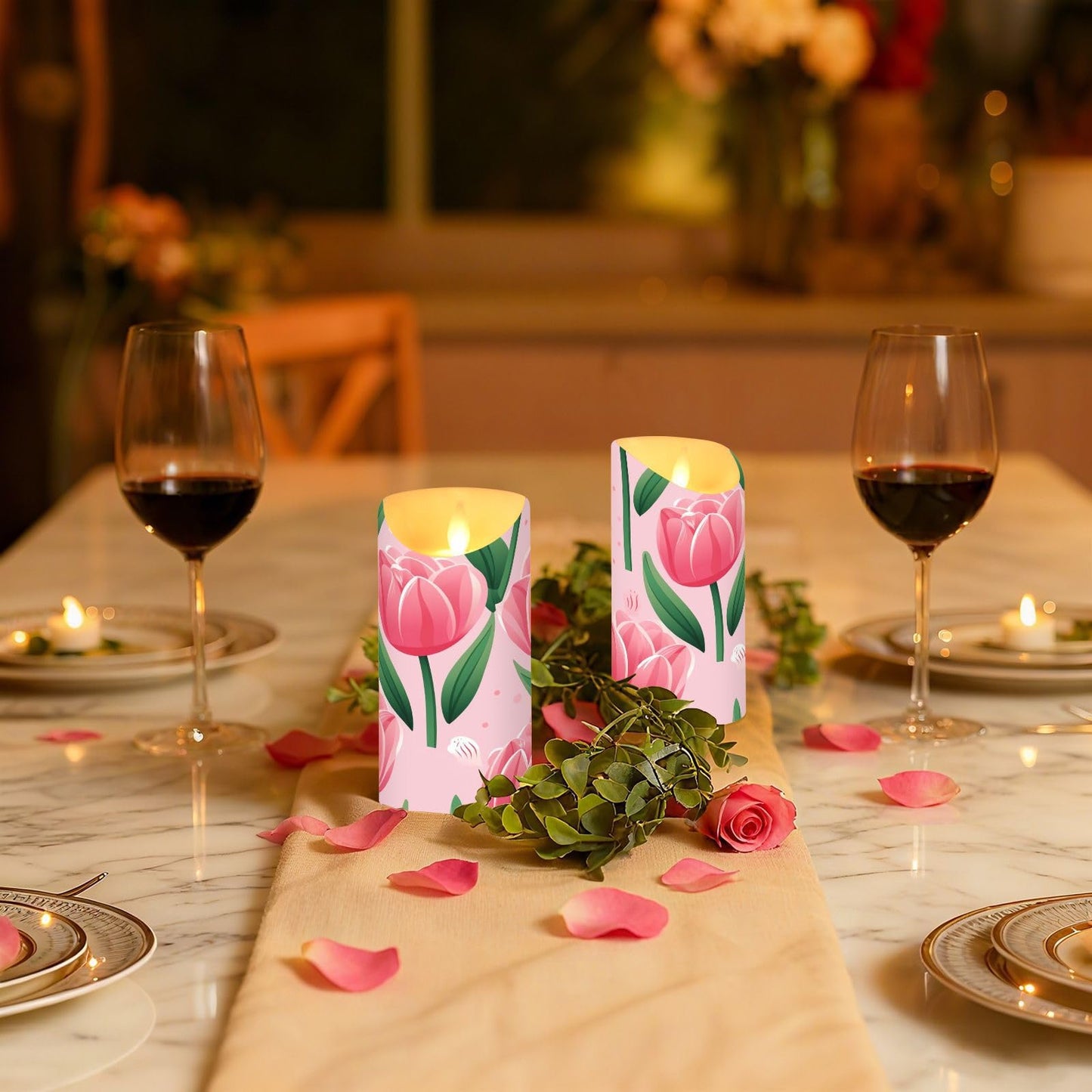 ALAZA Pink Tulip Flower Flickering Flameless Candles Battery Operated with Remote Timer,Tea Light Candles LED Pillar Votive Set of 2 for Outdoor Indoor Decorations 3" x5.9"