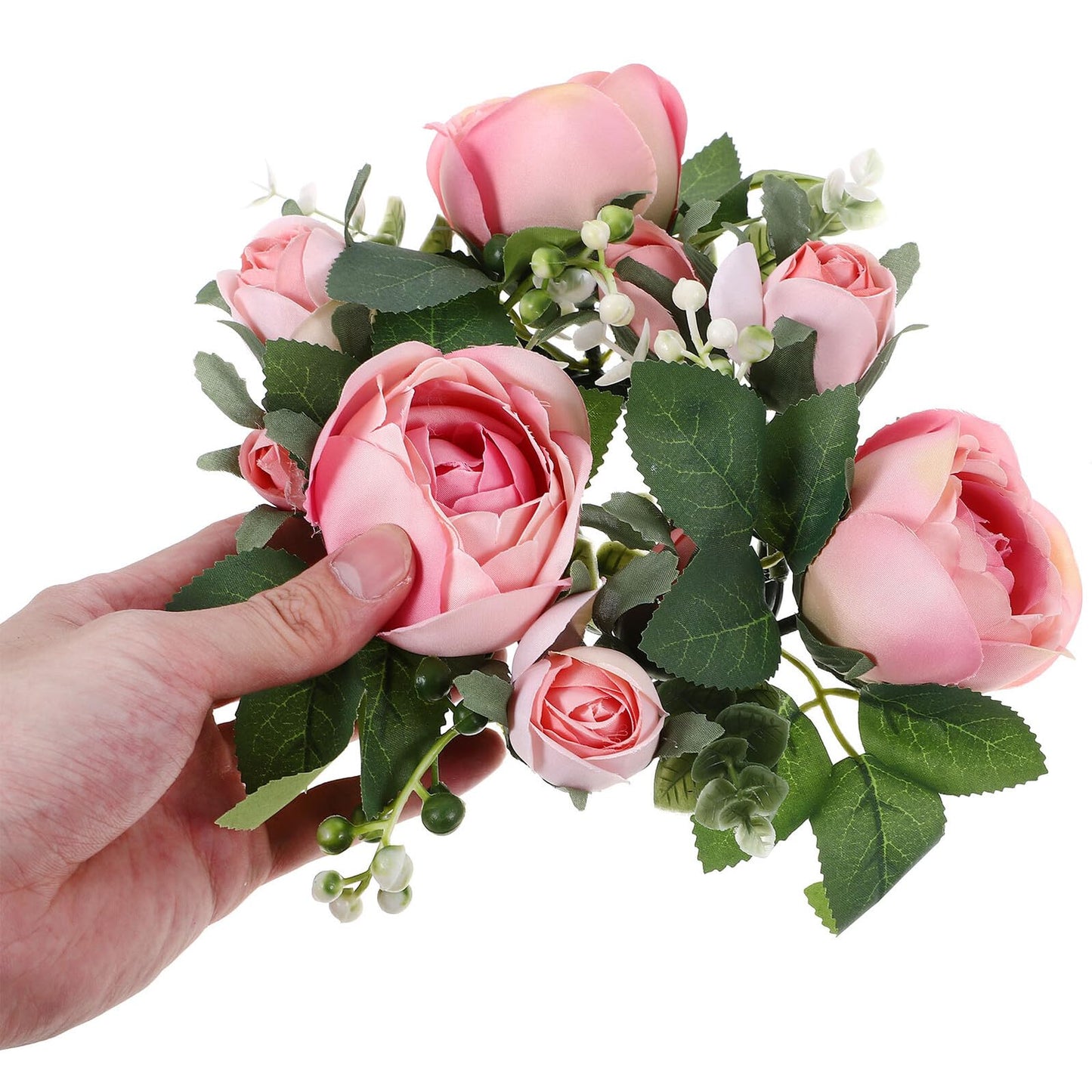 BEBEMOKO Artificial Rose Candle Ring Wreath Floral Table Centerpiece, Light Pink Faux Flower Candle Decor for Wedding, Valentine’s Day Party and Home Decoration