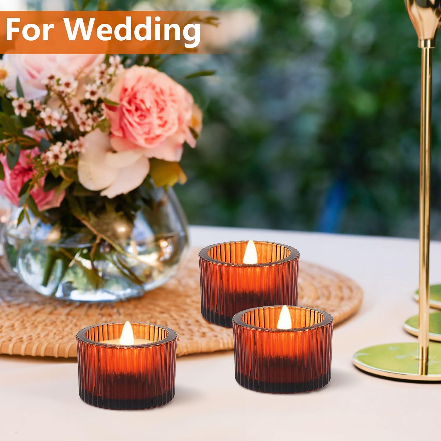 JOYIT Amber Votive Candle Holders Bulk Set of 4, Tealight Candle Holder for Wedding Table Centerpiece, Glass Small Candle Holders for Birthday Party, Valentine's Day, Home Decor (2''X 1.4'')