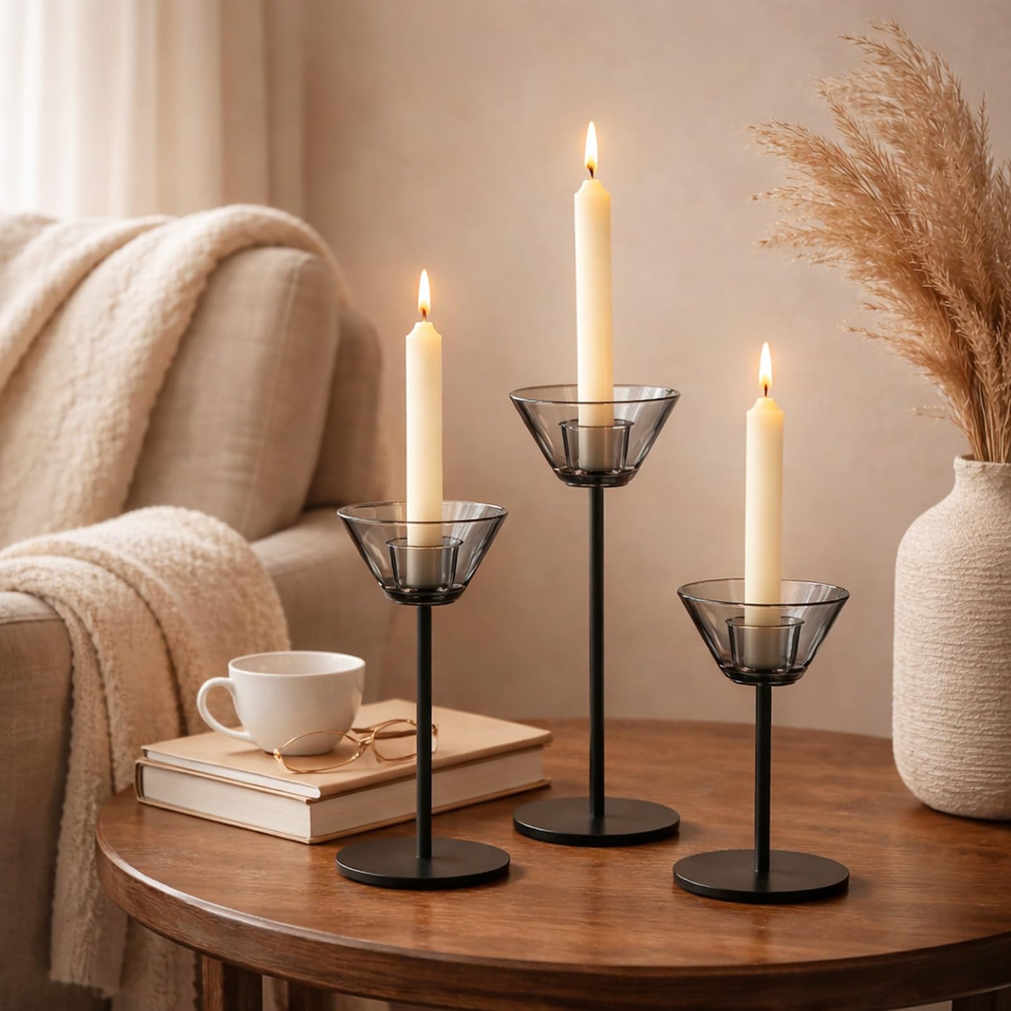 Smytle Smoke‑Gray Candlestick Holders, Set of 3 Smoked Glass Candleholder Sets with Weighted Metal Base, Modern Minimalist Taper Candle Holders for Fireplace Mantel and Table Decor