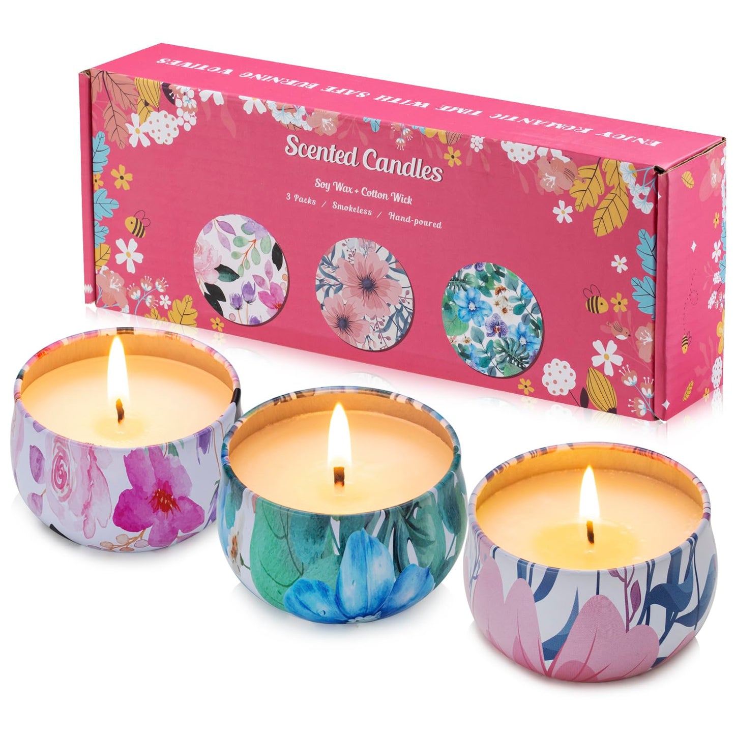 Hausware 3 Pack Scented Candles, 2.5 oz Aromatherapy Candles with Floral Scents,Soy Candles Set with 72H Burning Time,Ideal Gift for Women(Magnolia+Jasmine+Rose)
