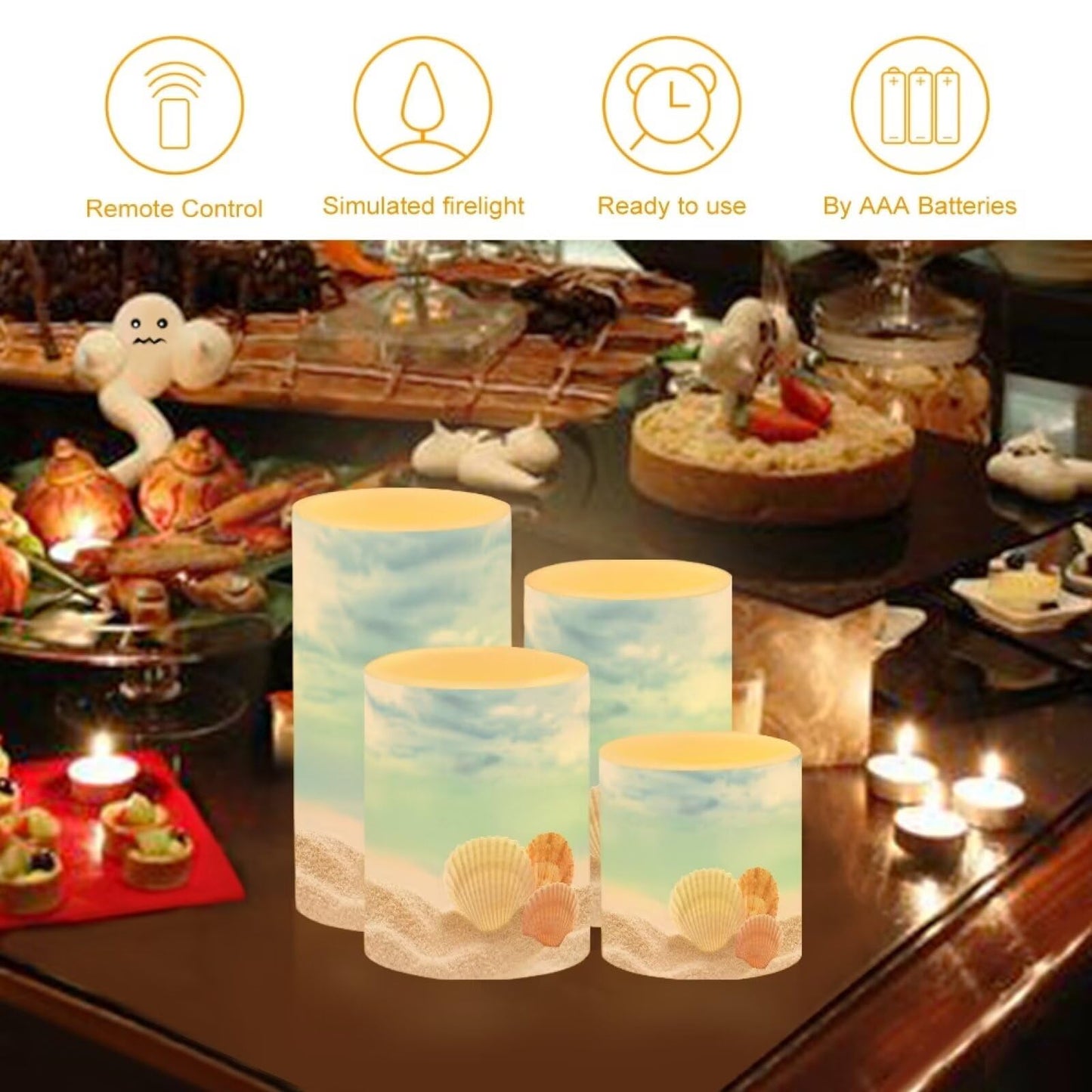 NETILGEN Flameless Candles with Remote Control, Set of 4, Color Changing Flickering Flameless LED Pillar Candles with Battery Operated, Beach Seashell Blue Decor