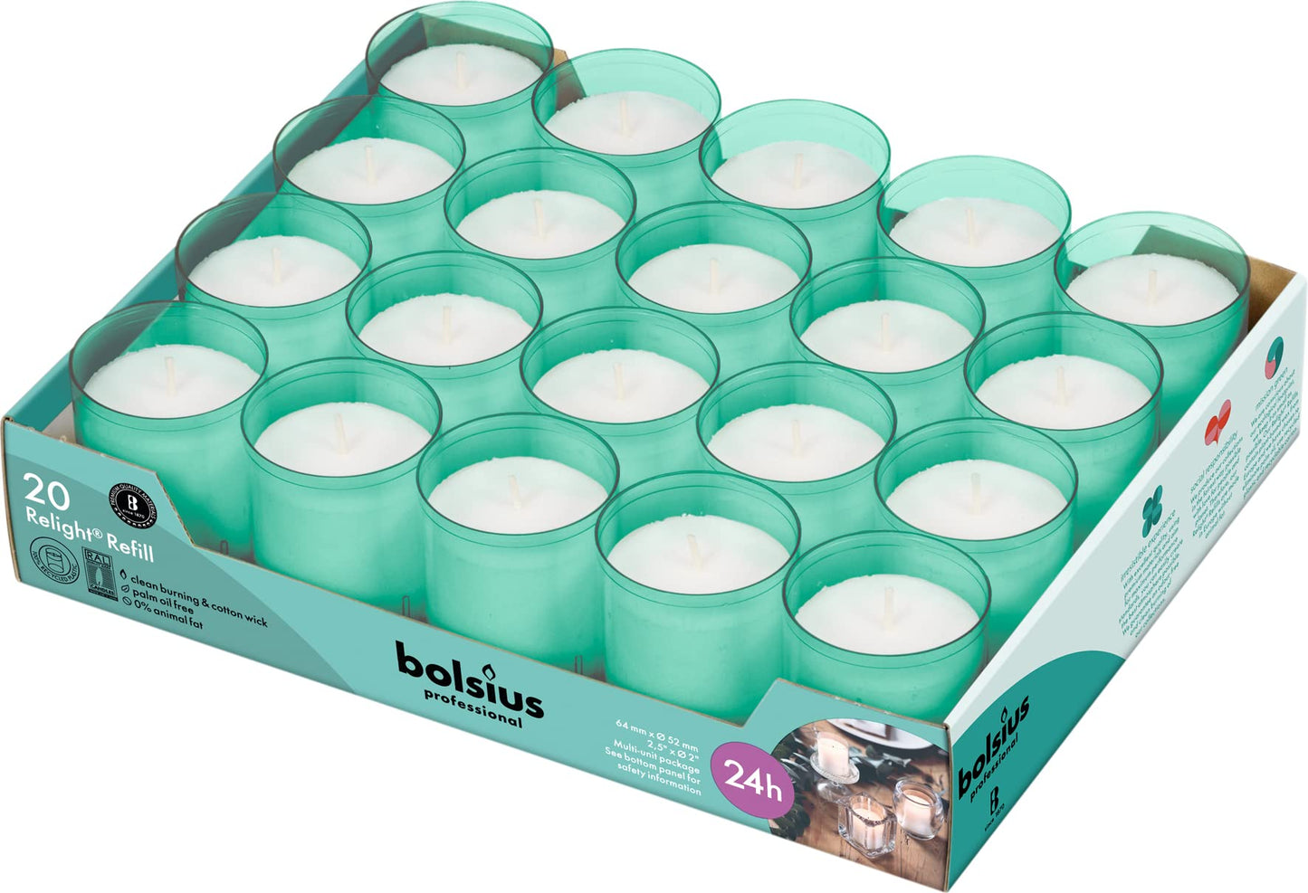 BOLSIUS 24 Hour Votive Candles - 20 Pack Wedding Candles in Green Unbreakable Plastic Cups - Premium European Quality - Unscented Smooth and Smokeless Relight Candles