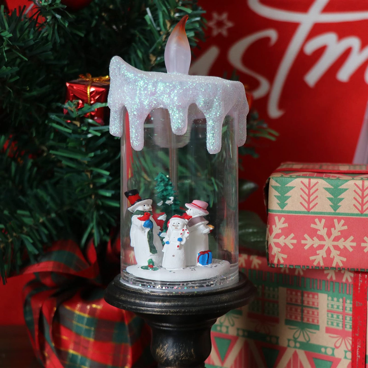 Eldnacele Christmas Snow Globe Candle Battery Operated Lighted Flameless Candles Light Swirling Water Glittering Spinning Candles for Home Decoration(Snowmen Family)