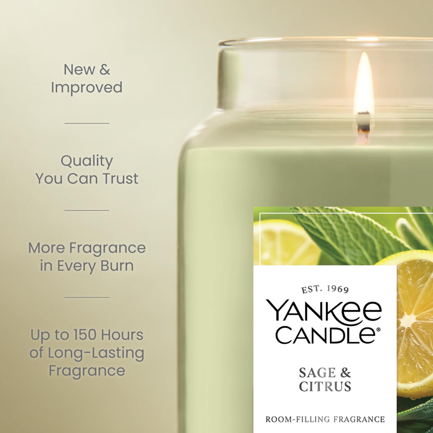 Yankee Candle Sage & Citrus, Scented Candle, 22oz Large Jar with up to 150 Hour Burn Time, Giftable, Birthdays