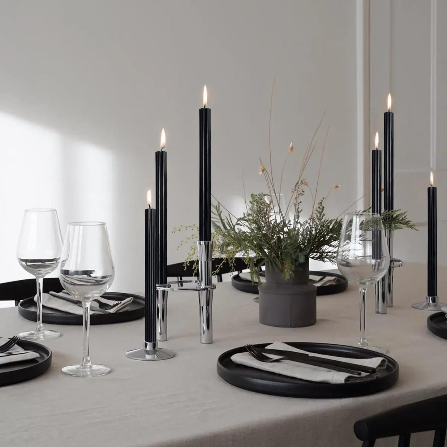 Dripless Taper Candles Unscented Black Long Taper Candles Smokeless 10 Inch Roman Column Design Dinner Candlesticks for Home Decoration Halloween Gifts(2Pcs)