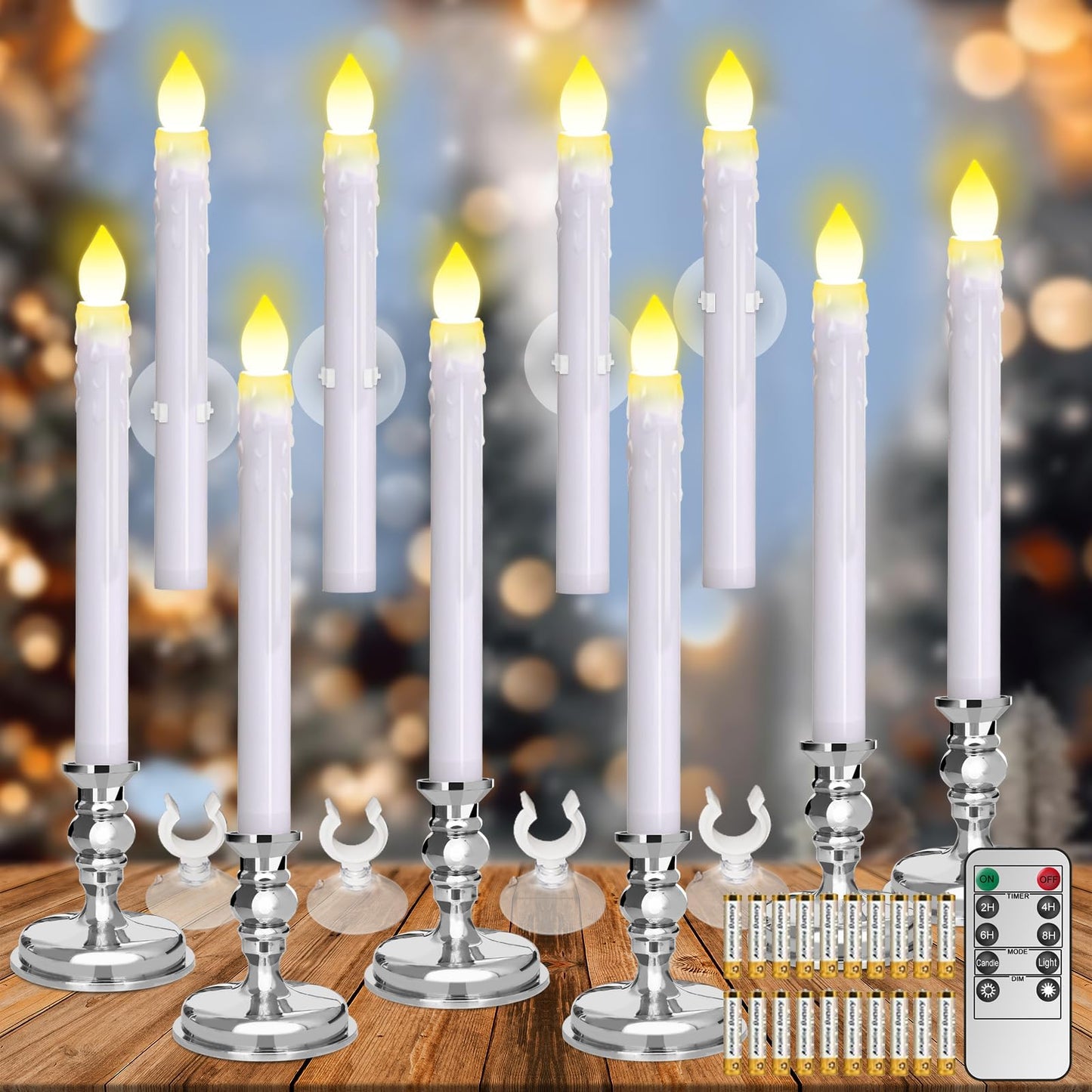 Flameless Candles 10 Pack Battery Operated Window Candles with Drip Texture,Remote Timer,10 Removable Candle Holders,10 Suction Cups,20 AAA Batteries for Home Decor Christmas Wedding (Sliver)