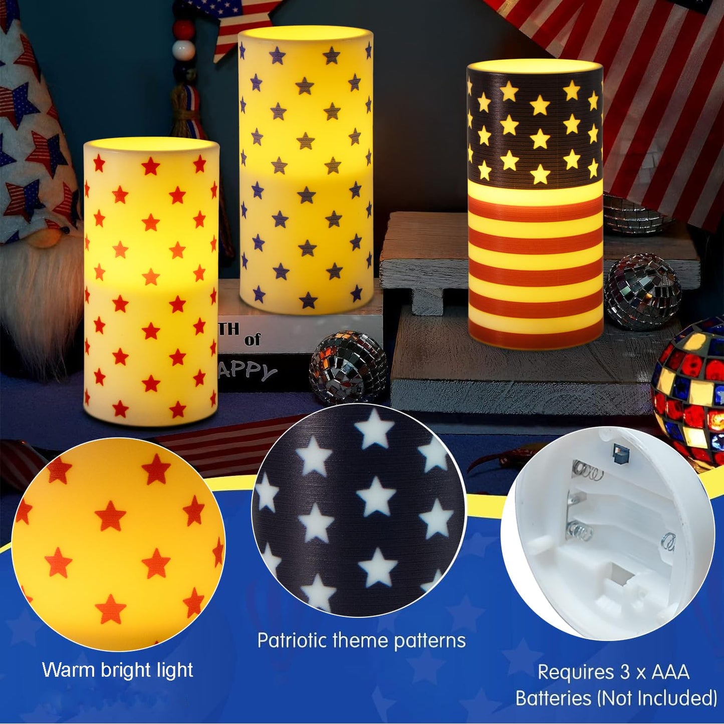 ONEIHOMM 4th of July Candles Battery Operated with Timer Remote Control for American Independence Day Decorations,250th Anniversary USA Patriotic Red White and Blue Candle