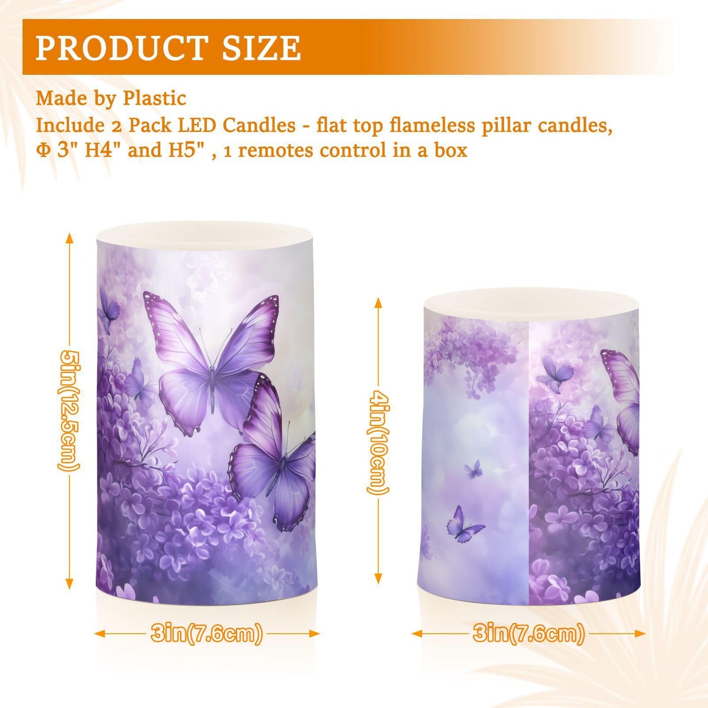 WEVIBOFU Purple Lilac Butterfly Flowers Flickering Flameless Candles LED Battery Operated with Remote Timer Pillar Candles for Home Birthday Wedding Christmas Decor, Set of 2