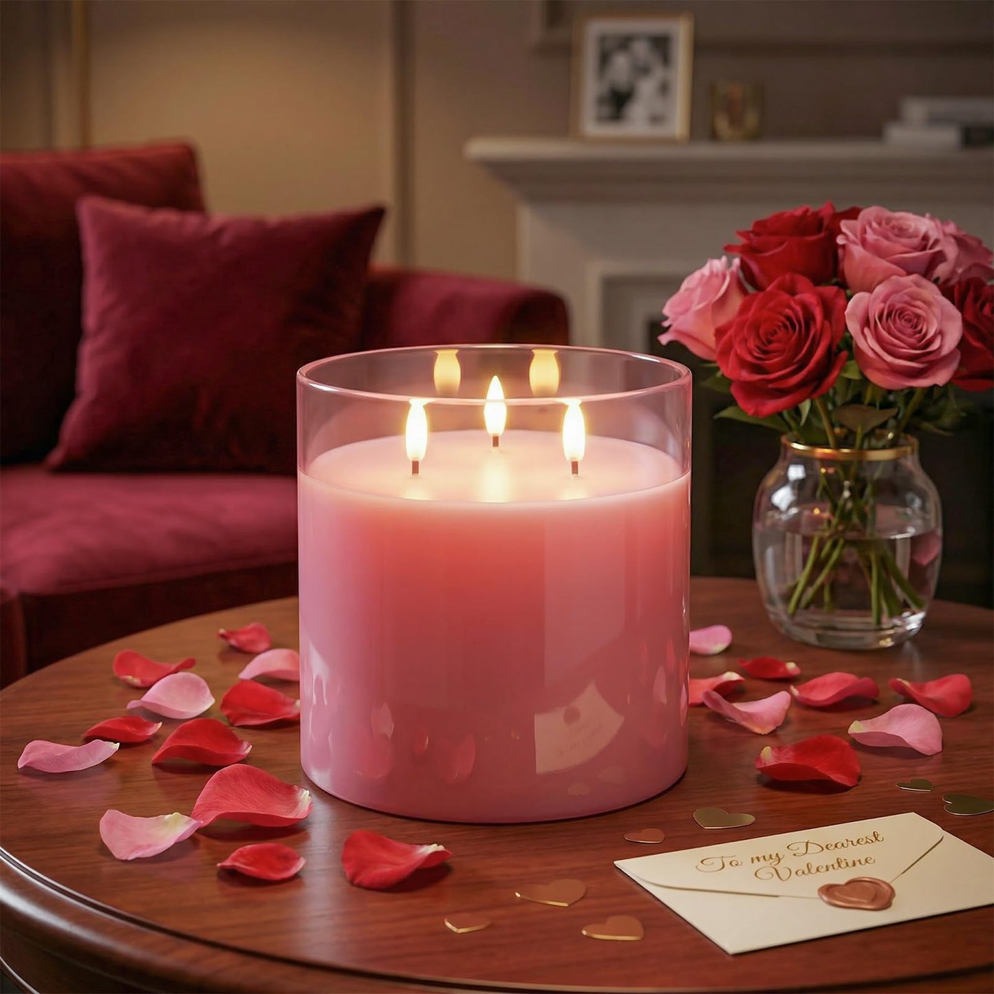 Homemory 6x6 Extra Large Flameless Candle with 3 Wicks, Pink Glass LED Pillar Candle, Real Wax Battery Operated Candle with Remote and Timer, Flickering Flameless Candle Home Wedding Valentine Decor