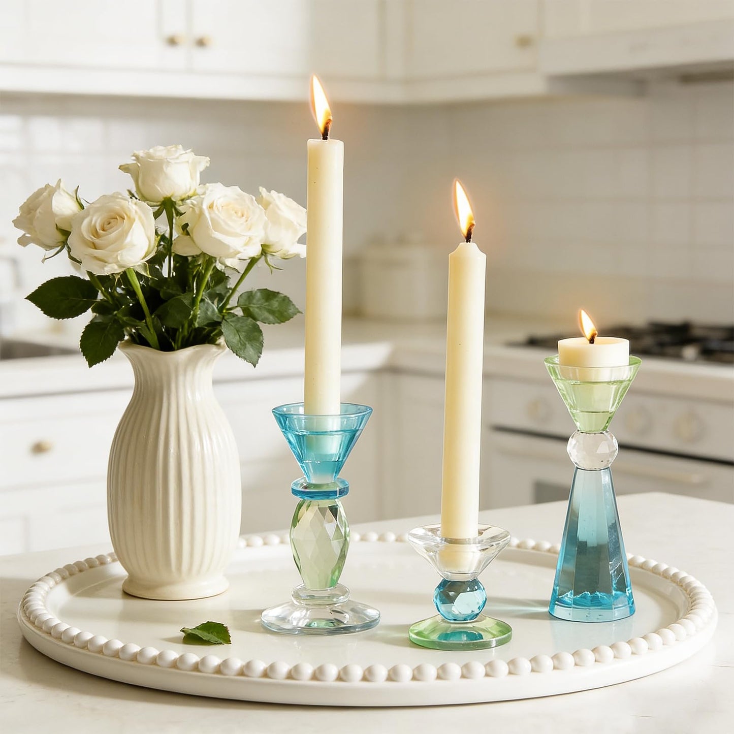 DN DECONATION Glass Candle Holder Set of 3, Candlesticks Holders Blue & Clear Crystal Tealight Candles Holder for Table Centerpiece Wedding Decorations Housewarming Gift Living Room Party