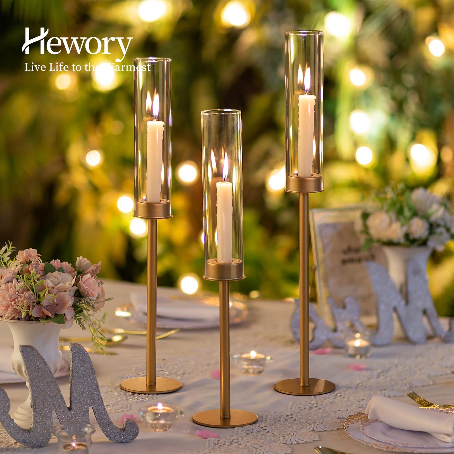 Hewory Gold Tall Hurricane Candlestick Holders: 12Pcs Brass Taper Candle Holder Candelabra Centerpieces, Candle Stick Holders with Candle Cover for Wedding Dinner Christmas Decor