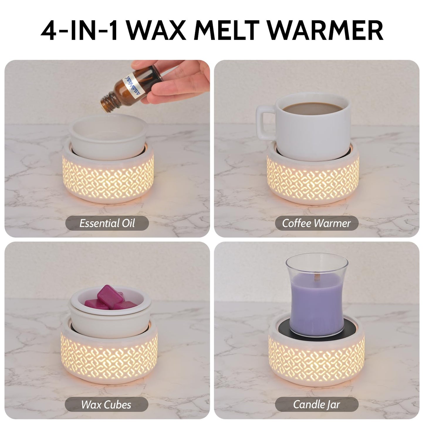 Ceramic Candle Warmer and Wax Melt Warmer with 7 Colors LED Night Light and 1 PC Silicone Liner,4-in-1 Electric Warmer for Jar Candle Wax Cube Essential Oil Coffee, Ideal Gift for Home Office Kitchen