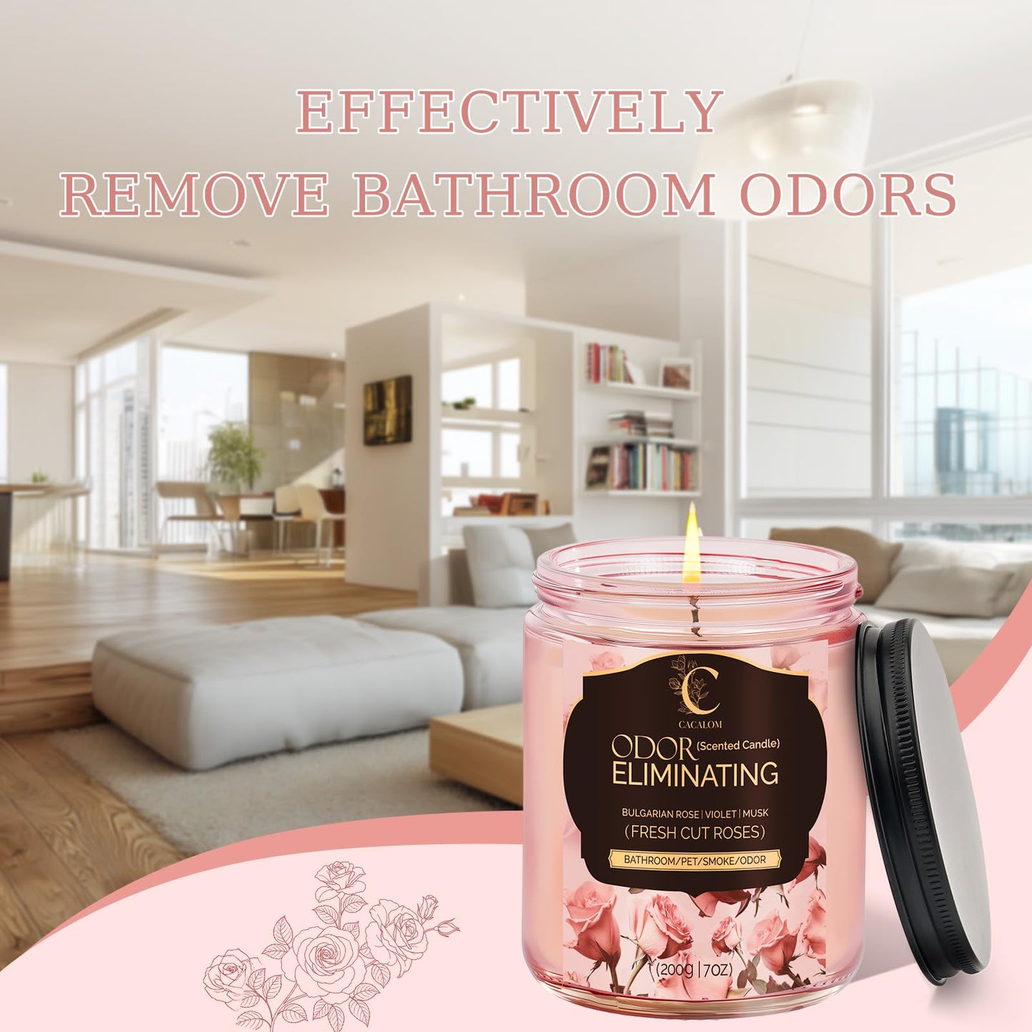 Rose Odor Eliminating Candles, Pet Scented Candles for Home, Single Wick Soy Candle Gifts for Women, Men, Ideal for Creating Relaxing Atmosphere, Over 50 Hours of Burn Time