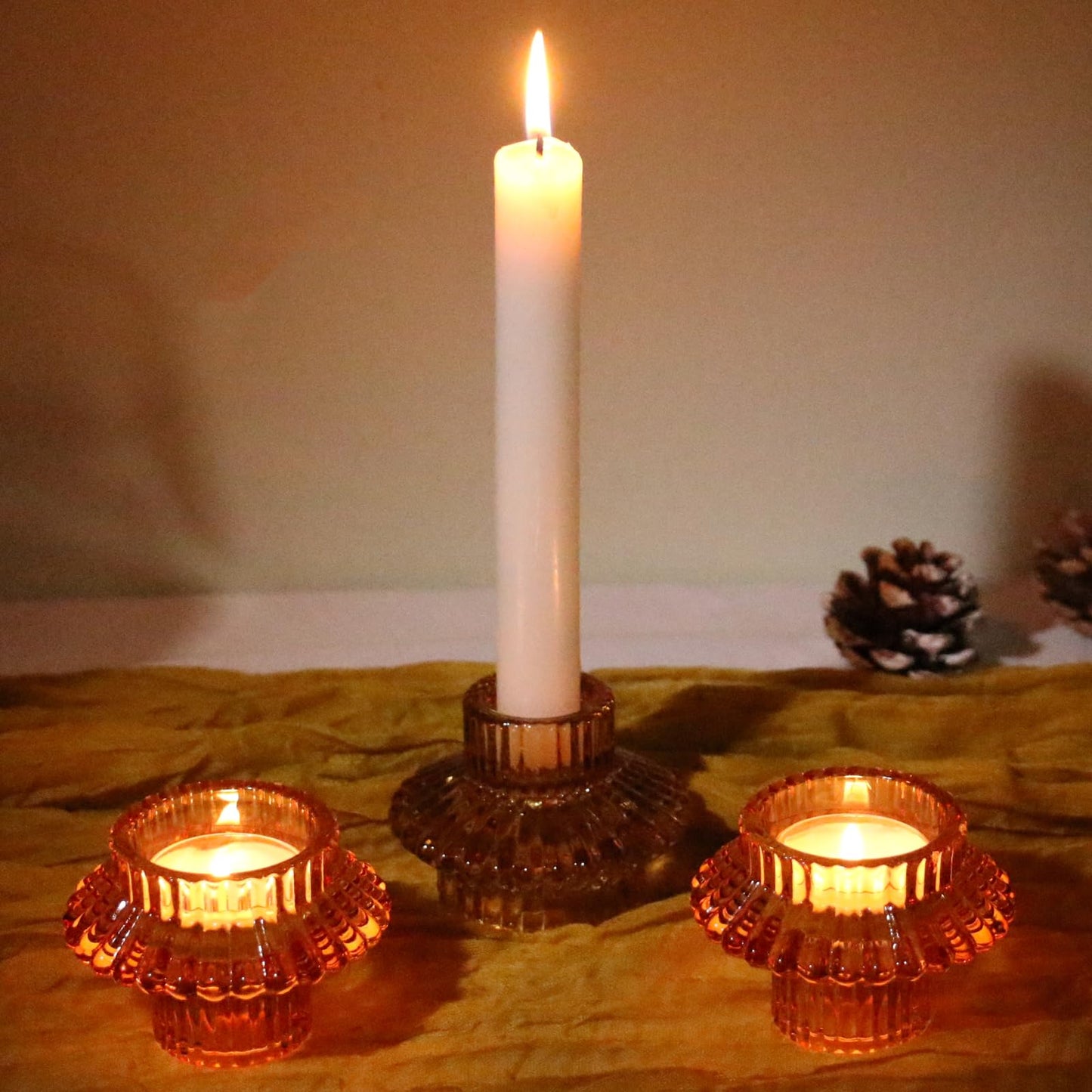 CHOCSTAY Reversible Candlestick Holders Set of 3, Amber Glass Taper and Tealight Candle Holders for Table Centerpiece, Wedding, Party, Home Decor