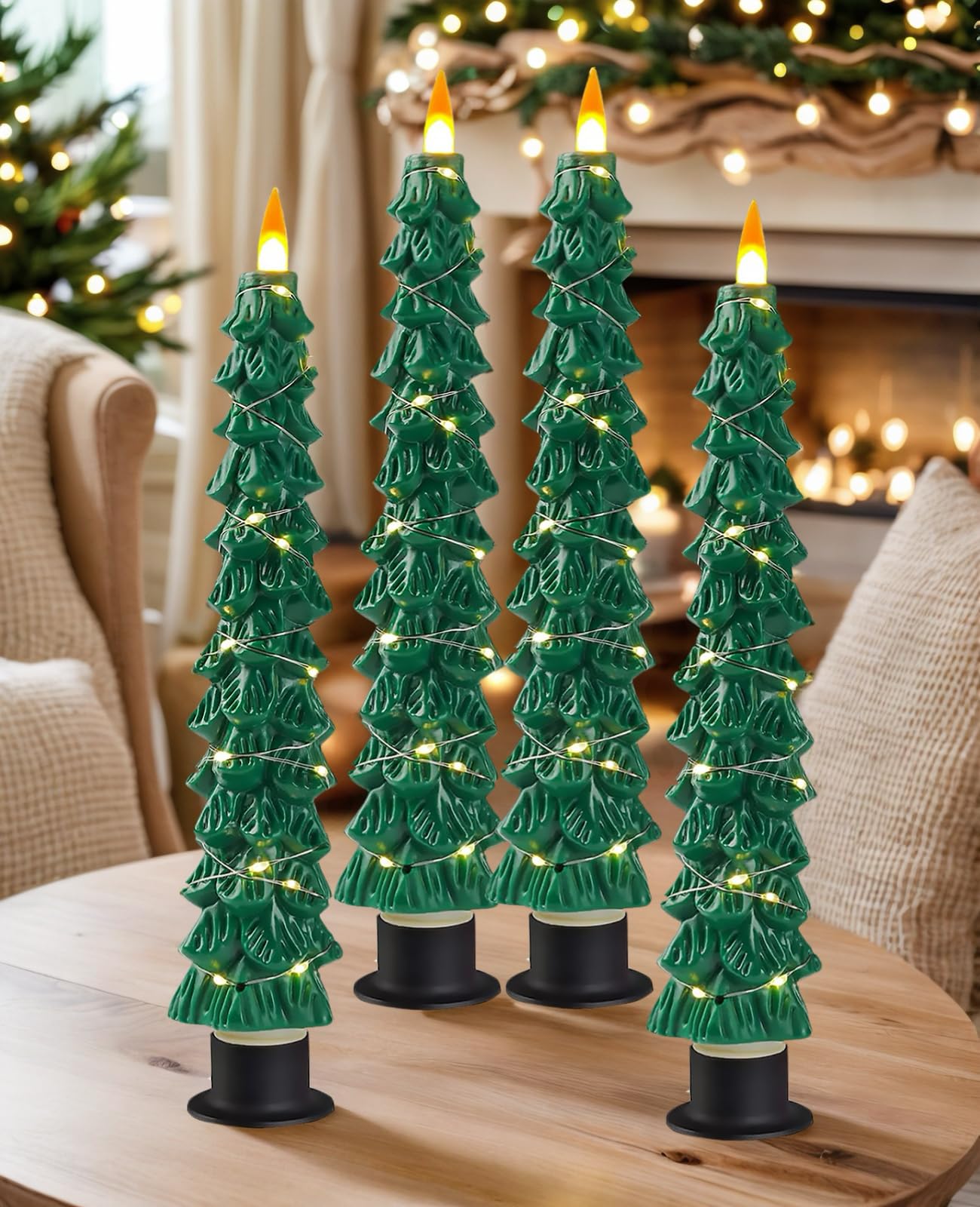 Fanzir Xmas Tree LED Flameless Taper Candles with Remote Control Timer 9.5‘’ Battery Operated Candle with String Lights 2Pcs for Christmas Gift or Special Festivals Decorations