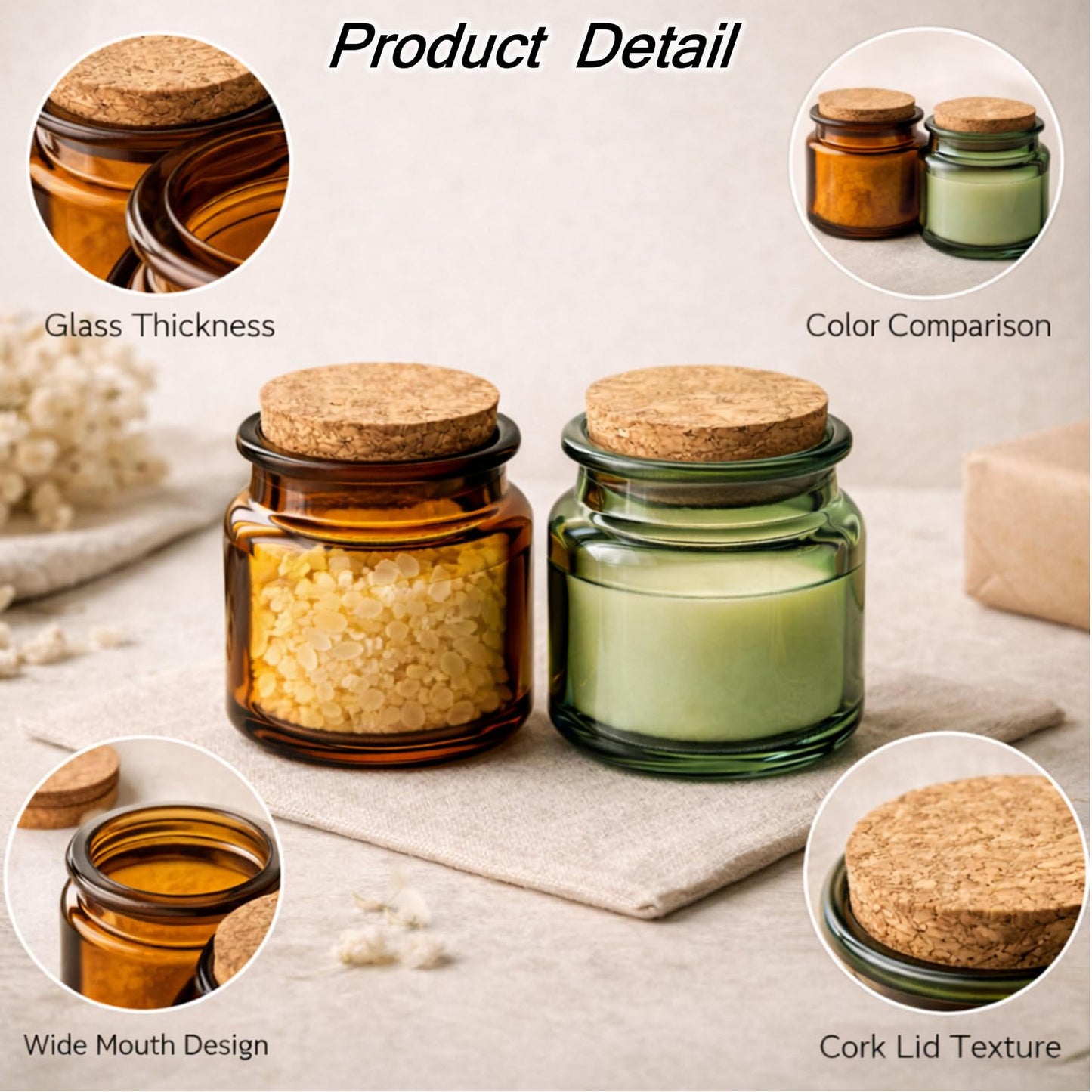 2Packs 100ml Glass Candle Jars with Cork Lids Refillable Aromatherapy Candle Containers Thick Glass Storage Jars for DIY Soy Candles, Crafts, Gifts, Home Fragrance Green & Brown
