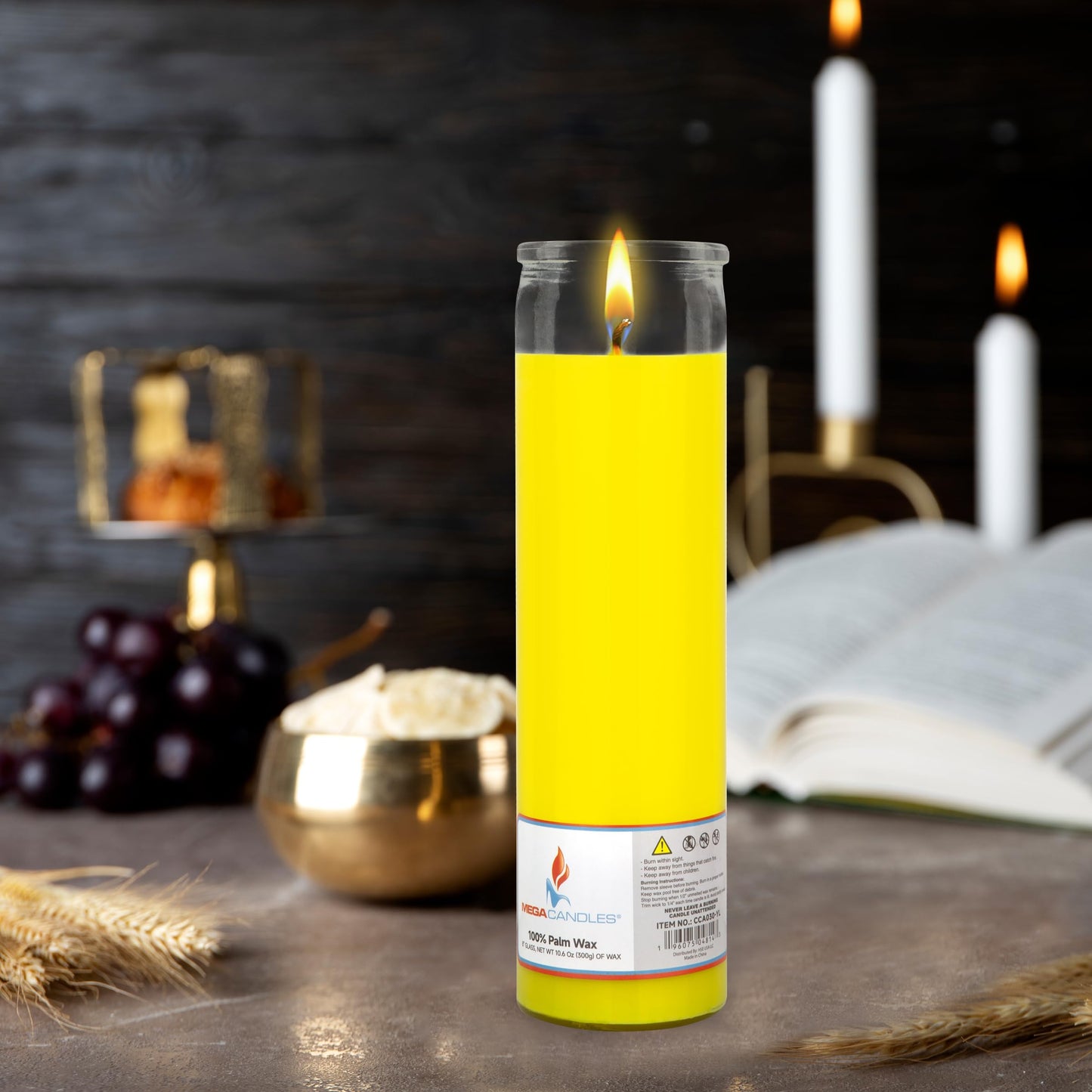 Mega Candles 1 pc Unscented Yellow Glass Container Devotional Prayer Candles, Shortening Wax Candle 2 Inch x 8 Inch, Sanctuary, Vigils, Prayers, Spiritual, Blessings, Religious, Altar, Remembrance