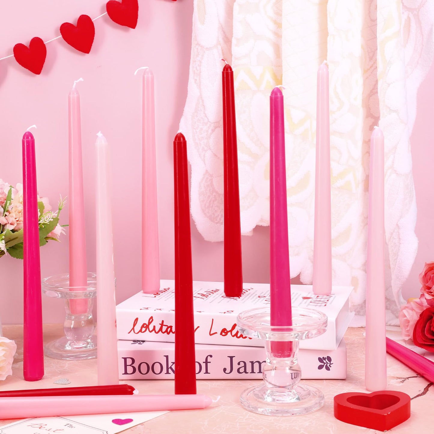 Whaline 12 Pcs Valentine's Day Taper Candles 10 Inch Wax Taper Candles Gradient Pink Red Long Unscented Candle Sticks for Mother's Day Wedding Anniversary Birthday Party