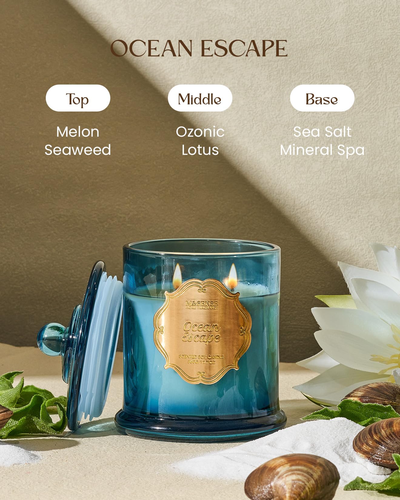 M&SENSE Ocean Escape Soy Candle,Non Toxic 12.7oz 75H Slow Burn, Coastal Sea Breeze Summer Aroma, Housewarming Gifts