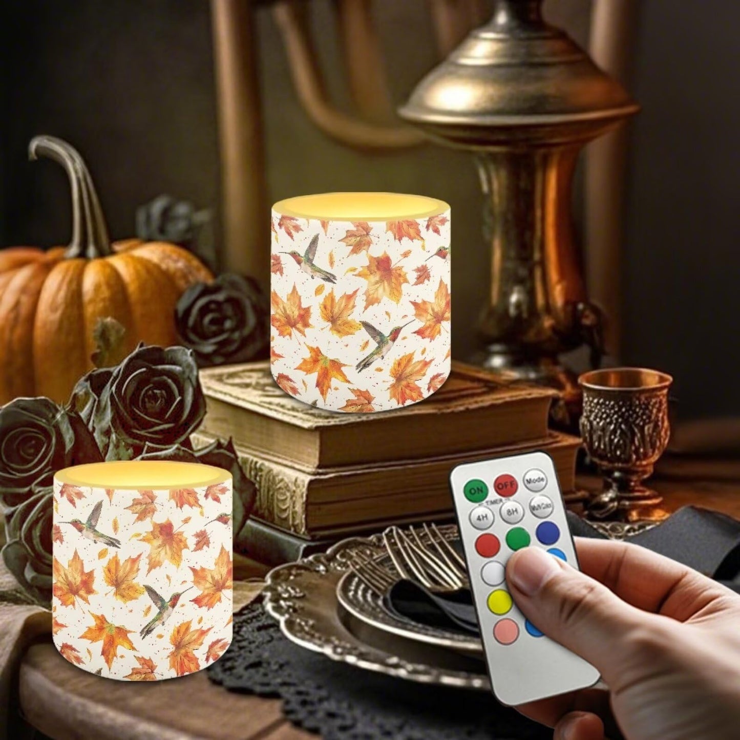 Cozeyat Fall Leaf Kitchen Counter LED Candles Set of 4 Battery Powered Flameless with Remote Timer Dancing Flame Waterproof for Home Patio Table Use