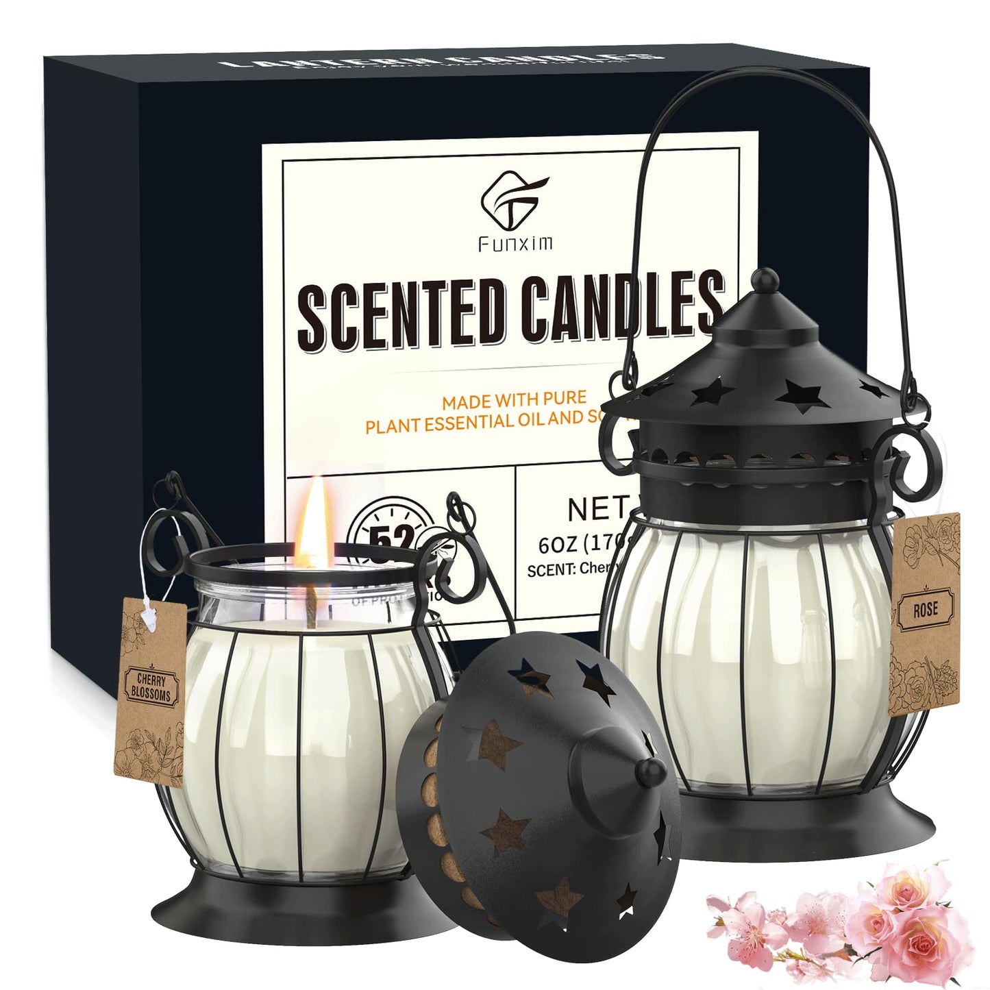 Scented Candles Gifts Set for Women, 2X 6 oz Aromatherapy Jar Candles for Home, Rosa & Cherry Blossom Soy Wax Long Lasting Retro Lantern Candles Perfect for Stress Relief Mum Yoga Bath Spa Christmas