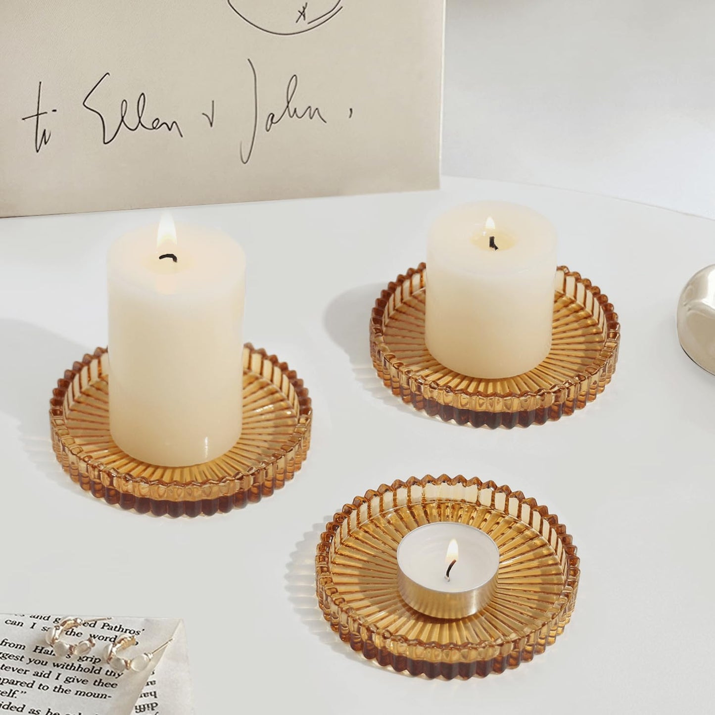 CHOCSTAY Glass Pillar Candle Holder, 4" Amber Candle Plates Set of 6, Glass Candle Holders for Wedding, Party, Holiday, Home Decor, Table Centerpiece