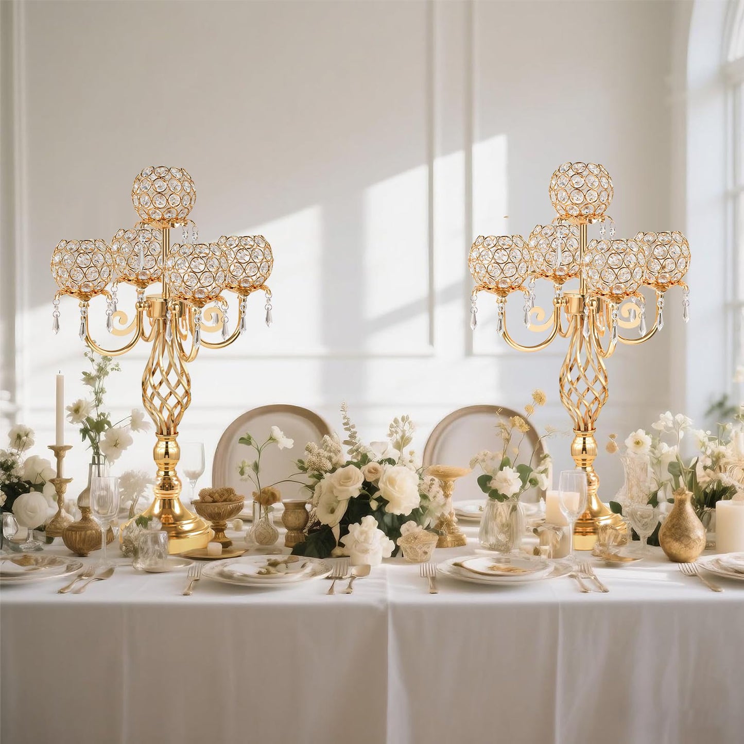 Kehail 5-Arm Crystal Candelabra Centerpiece 23.2" Tall - Elegant Candle Holder Stand with Crystal Bowl, Chic Table Decor for Weddings, Parties, Anniversary & Home Decoration (4, Gold)