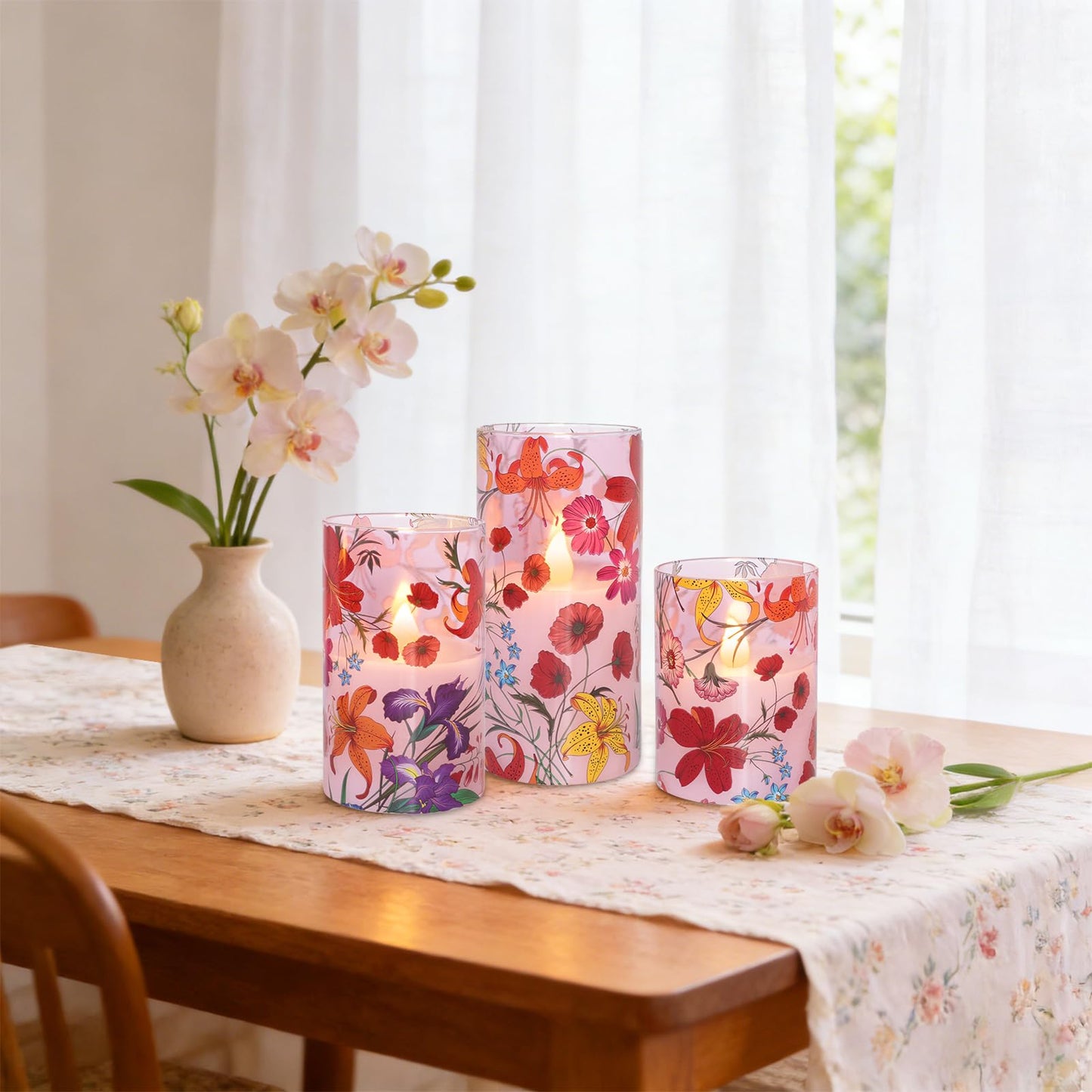 Impress Life Floral Flameless Candles with Remote, 3PCS Battery Operated LED Pillar Candles, Flickering Real Wax Glass Candles for Spring Decor Home Wedding Table Centerpiece Gift