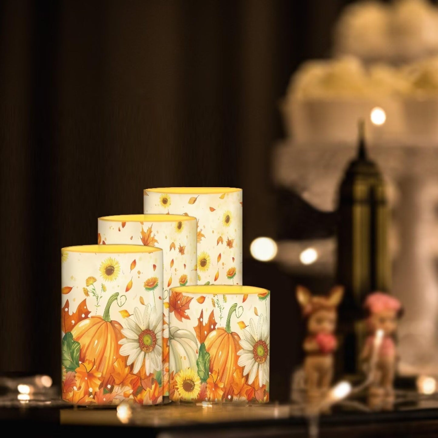 Merkmak Pack of 4 Thanksgiving Flickering Remote Flameless Candles Bulk Fall Sunflower Pumpkin Leaves Print Battery Operated LED Pillar Candles with Timer for Home Party Decoration