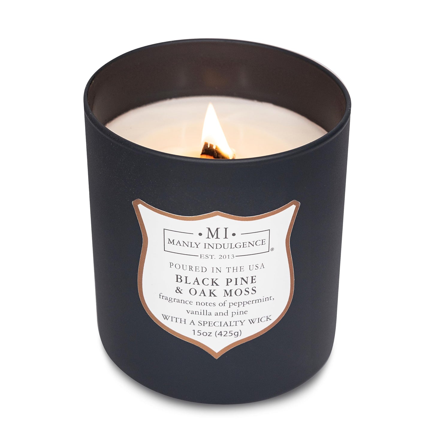 Manly Indulgence Black Pine Oakmoss Scented Candles for Men, 15 oz Wooden Wick, Premium Soy Blend Wax, 60H Burn, Candles for Home Scented - Made in The USA