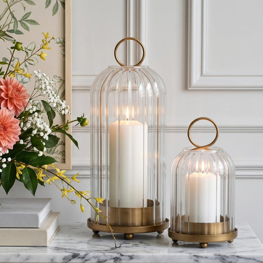 Ganwu 5" & 4" Metal Candle Holder with Ribbed Glass Candle Lanterns Set of 2, Vintage Windproof Hurricane Pillar Candle Holder, Decorative Table Centerpiece Patio Decor, Brass
