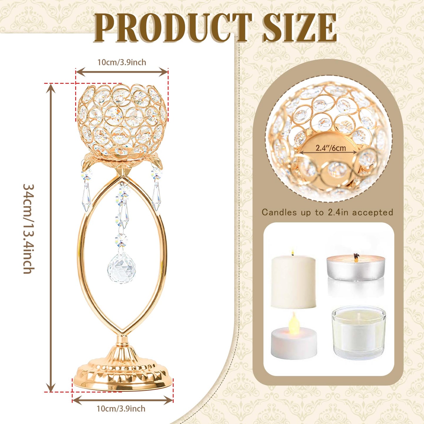 kehail 2 Pcs Gold Elegant Metal Crystal Tea Light Candle Holders with Bling Crystal Pendants, Hollow Design - Wedding Table Centerpieces for Anniversary Birthday Party, Home Decor