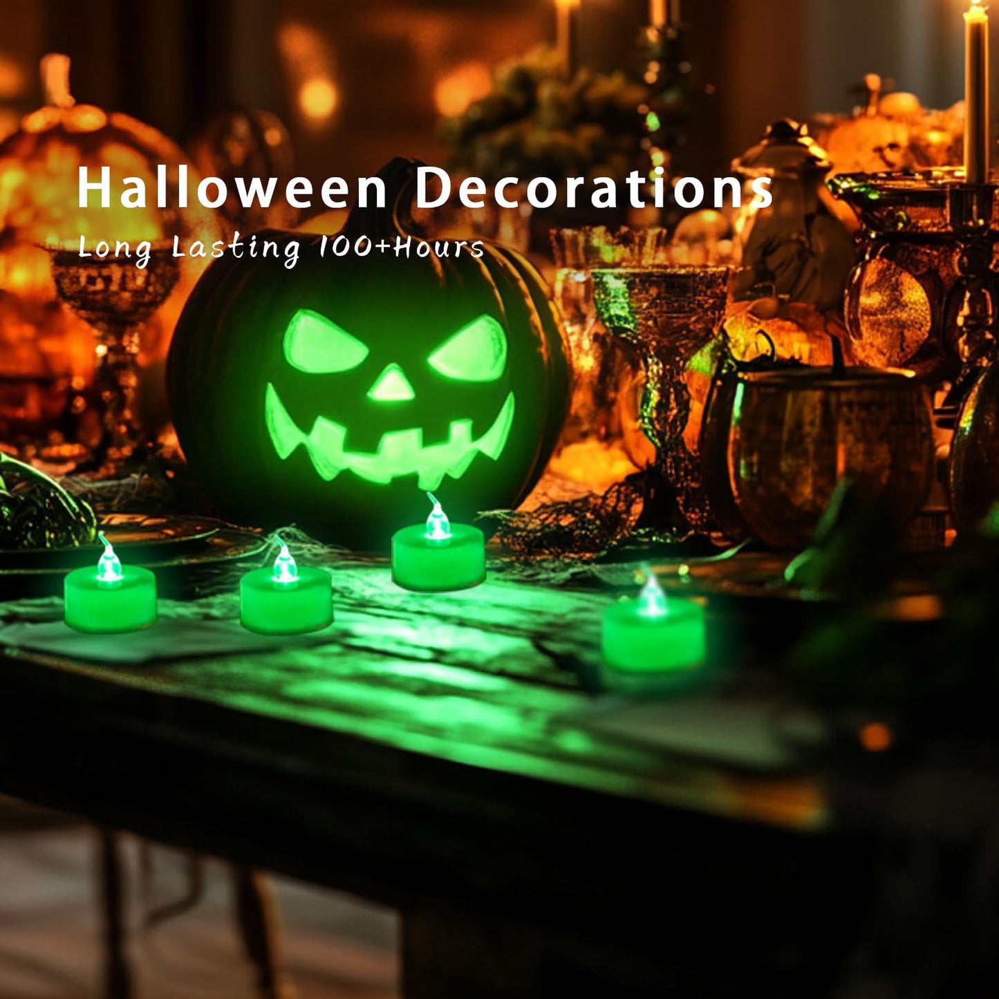 LANKER 24 Pack LED Tea Lights Candles, Flickering Green Flameless Tealights, Long Lasting Battery Operated Fake Candles, Decoration for Halloween and Christmas (Green - 24pcs)