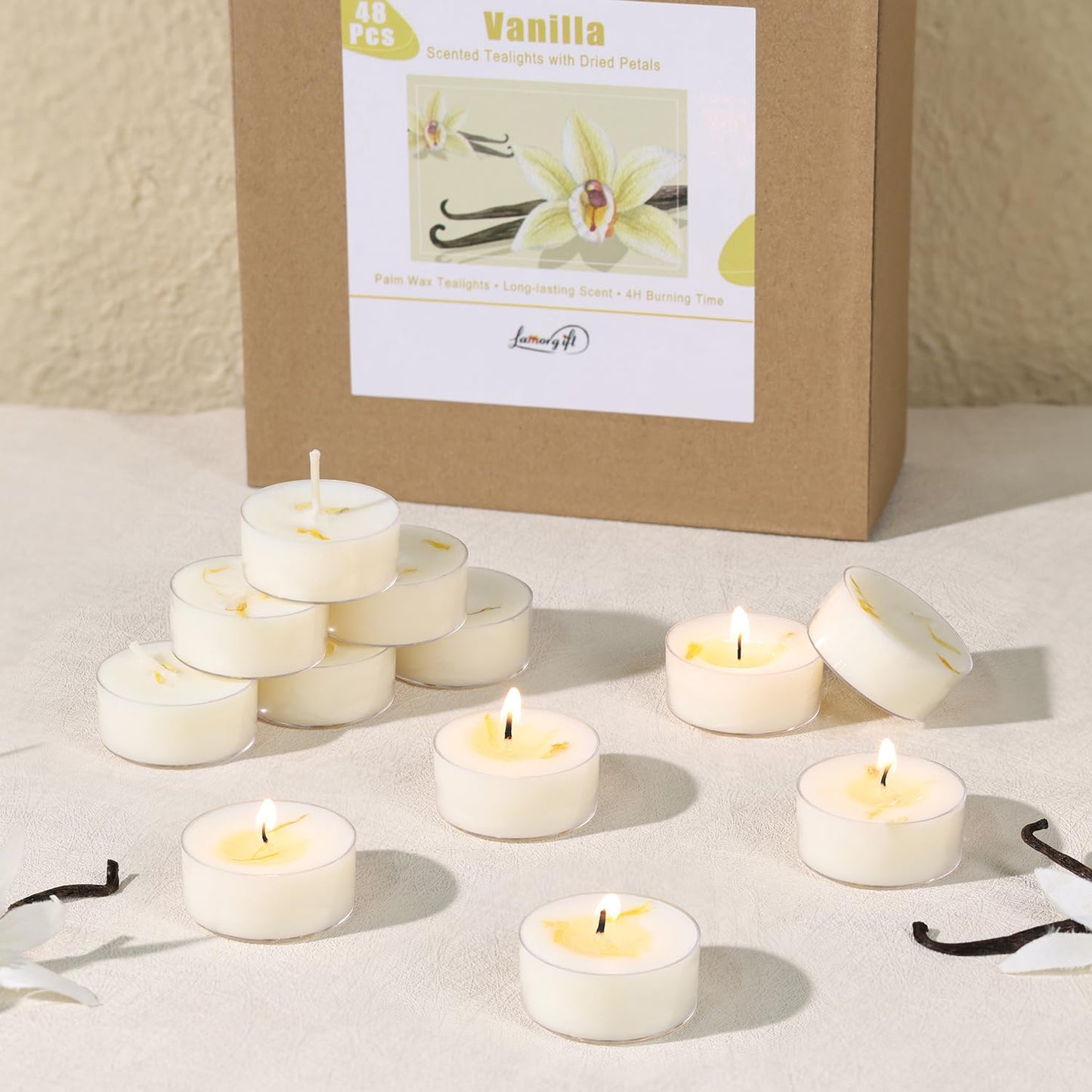 Vanilla Scented Tealight Candles, 48 Pack- Extended 4-5h Clear Cup Scented Tea Lights with Handmade Floral Surface, 100% Natural Palm Wax Tealights Smokeless for Home Cozy Night, Holidays
