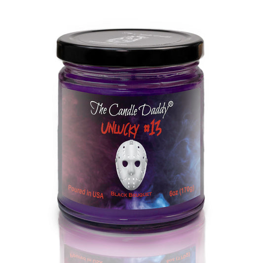 Unlucky #13 - Black Bouquet Scented Horror Movie Candle - Halloween 6 Oz Jar Candle - 40 Hour Burn Time