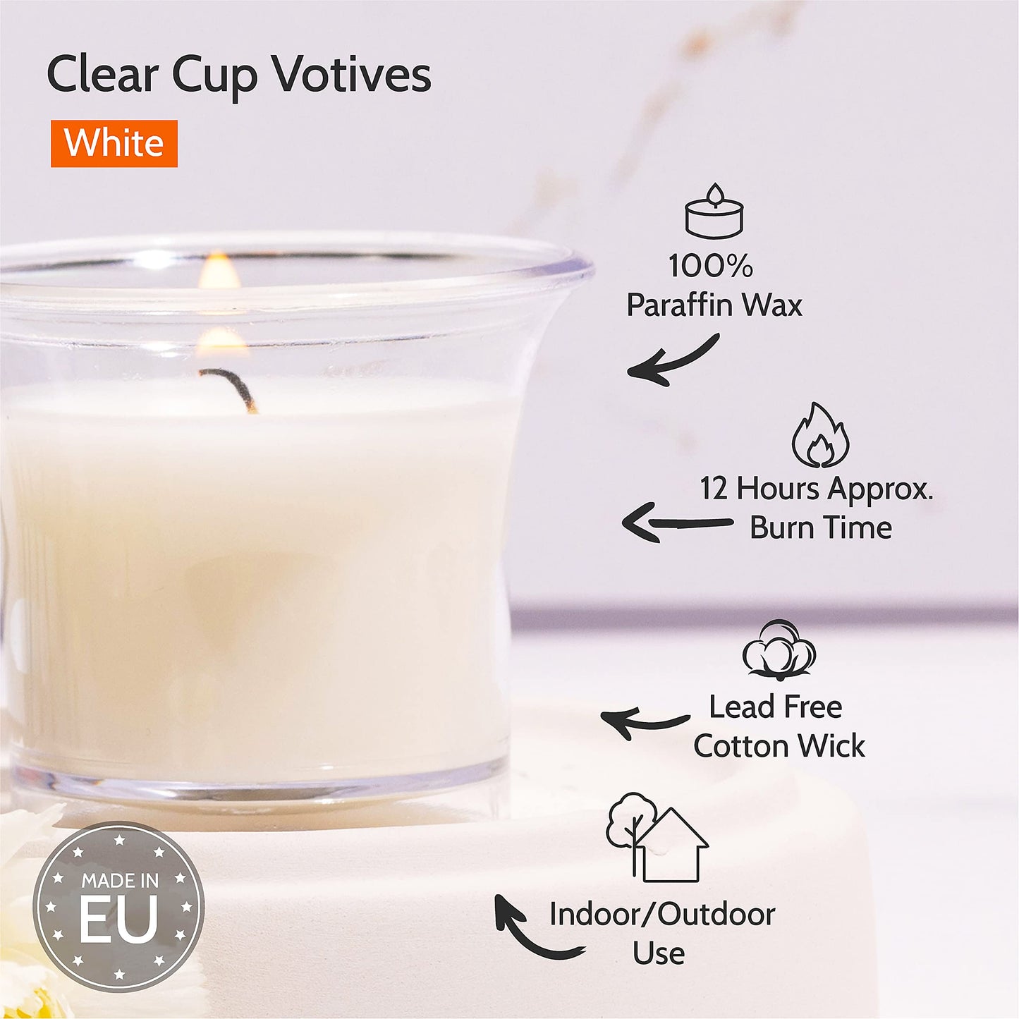 HYOOLA Clear Cup Scented Votive Candles - White - 12 Hour Burn Time - 4 Pack - European Made